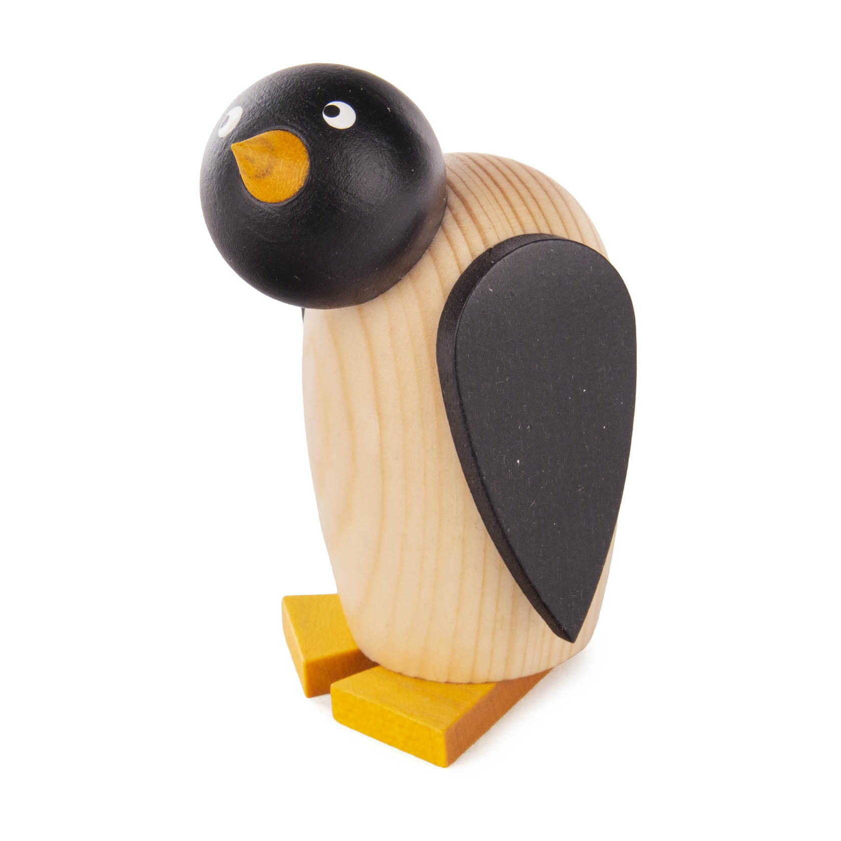 Small 7.5cm wooden penguin figurine with black head and wings, orange beak and feet.
