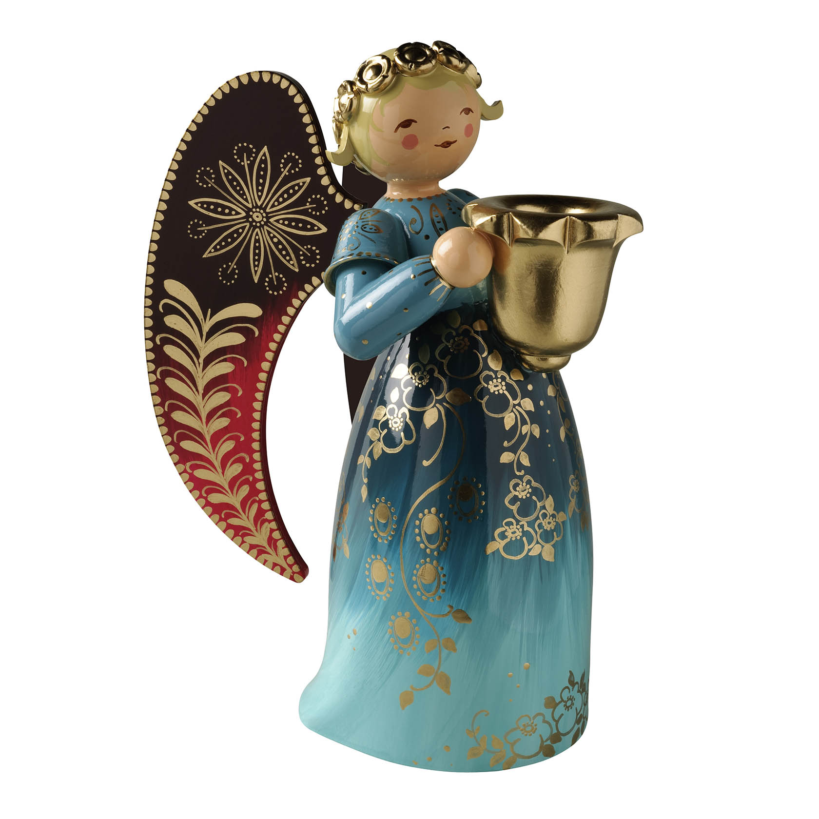 Großer Engel mit goldenen Haaren, der einen goldenen Lichtnapf hält. Der Engel trägt ein reich bemaltes blaues Gewand mit goldenen Verzierungen und hat dunkle Flügel. im Dregeno Online Shop günstig kaufen