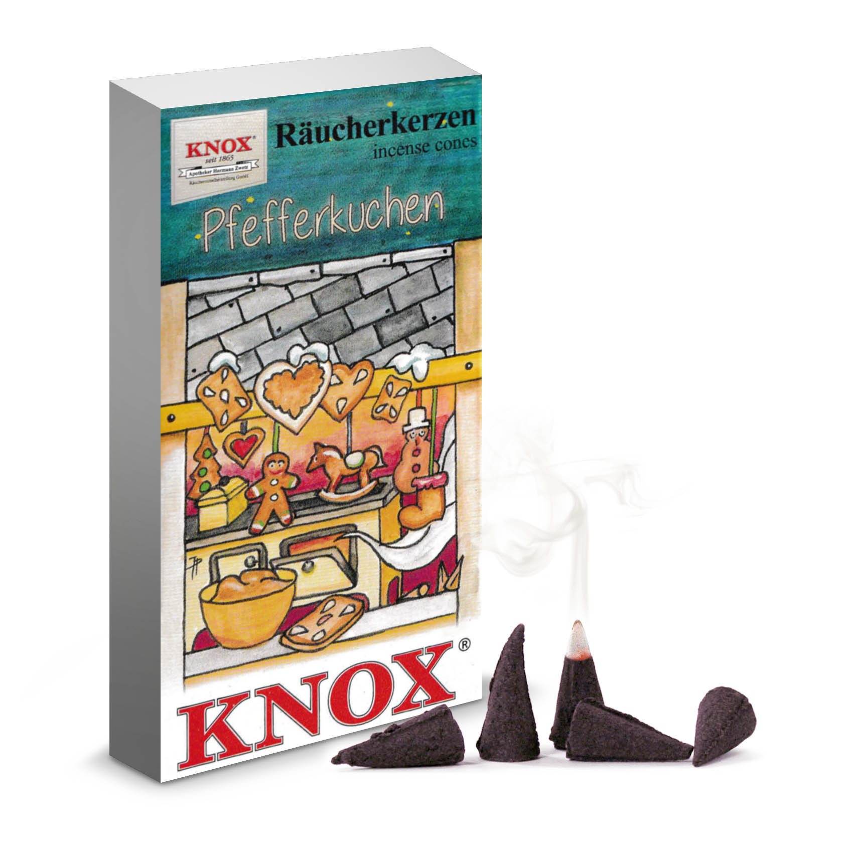 Box of KNOX incense cones in gingerbread scent with some cones outside, emitting smoke. im Dregeno Online Shop günstig kaufen