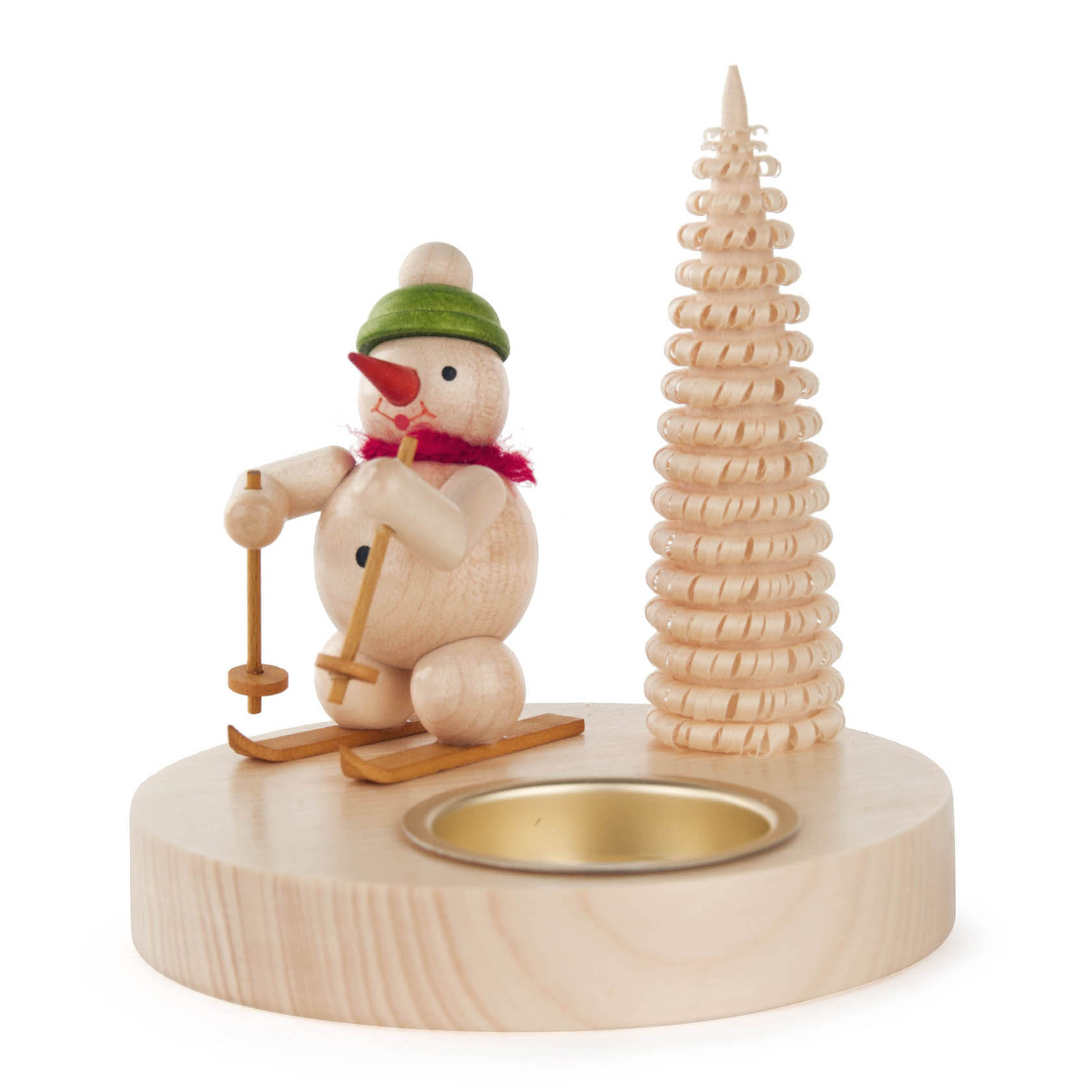 Wooden snowman holding skis and poles with a green hat and red scarf, sitting next to a spiraled wooden tree, designed as a tealight holder. im Dregeno Online Shop günstig kaufen