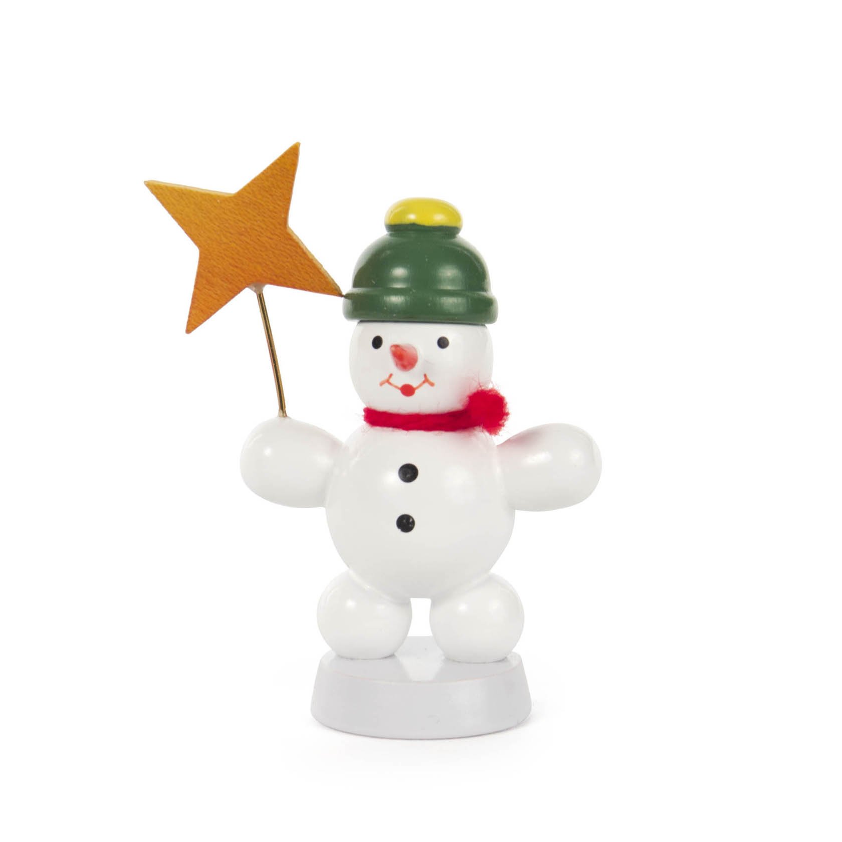 Ein lächelnder Schneemann aus Holz mit grünem Hut und rotem Schal, der einen gelben Stern in der rechten Hand hält. im Dregeno Online Shop günstig kaufen