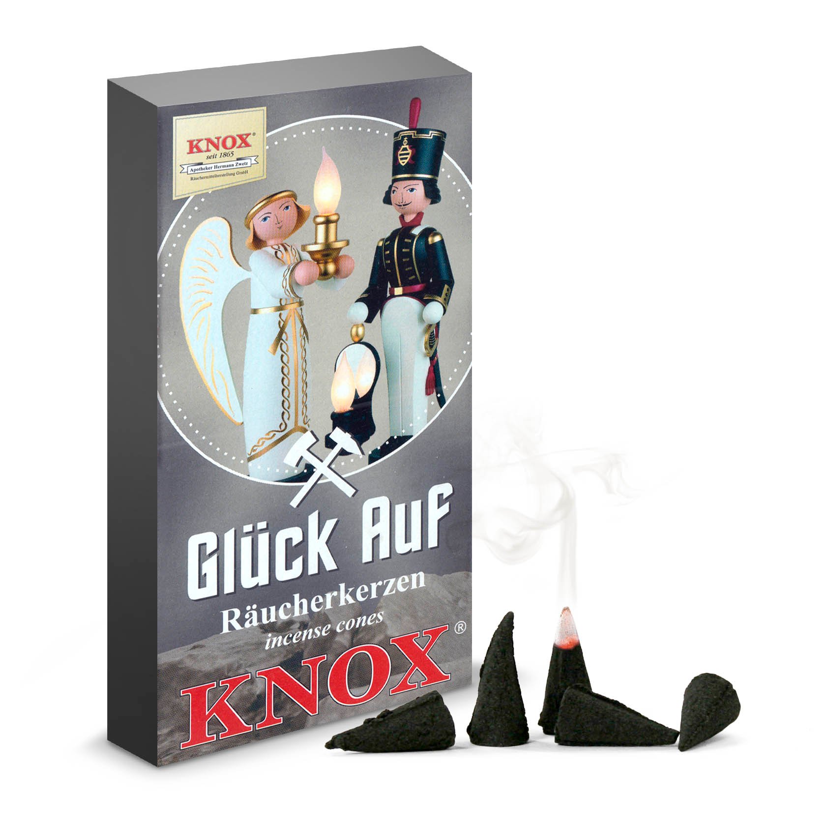 A box of KNOX incense cones featuring an image of an angel and miner holding candles, along with the text 'Glück Auf' and three dark cones emitting smoke. im Dregeno Online Shop günstig kaufen