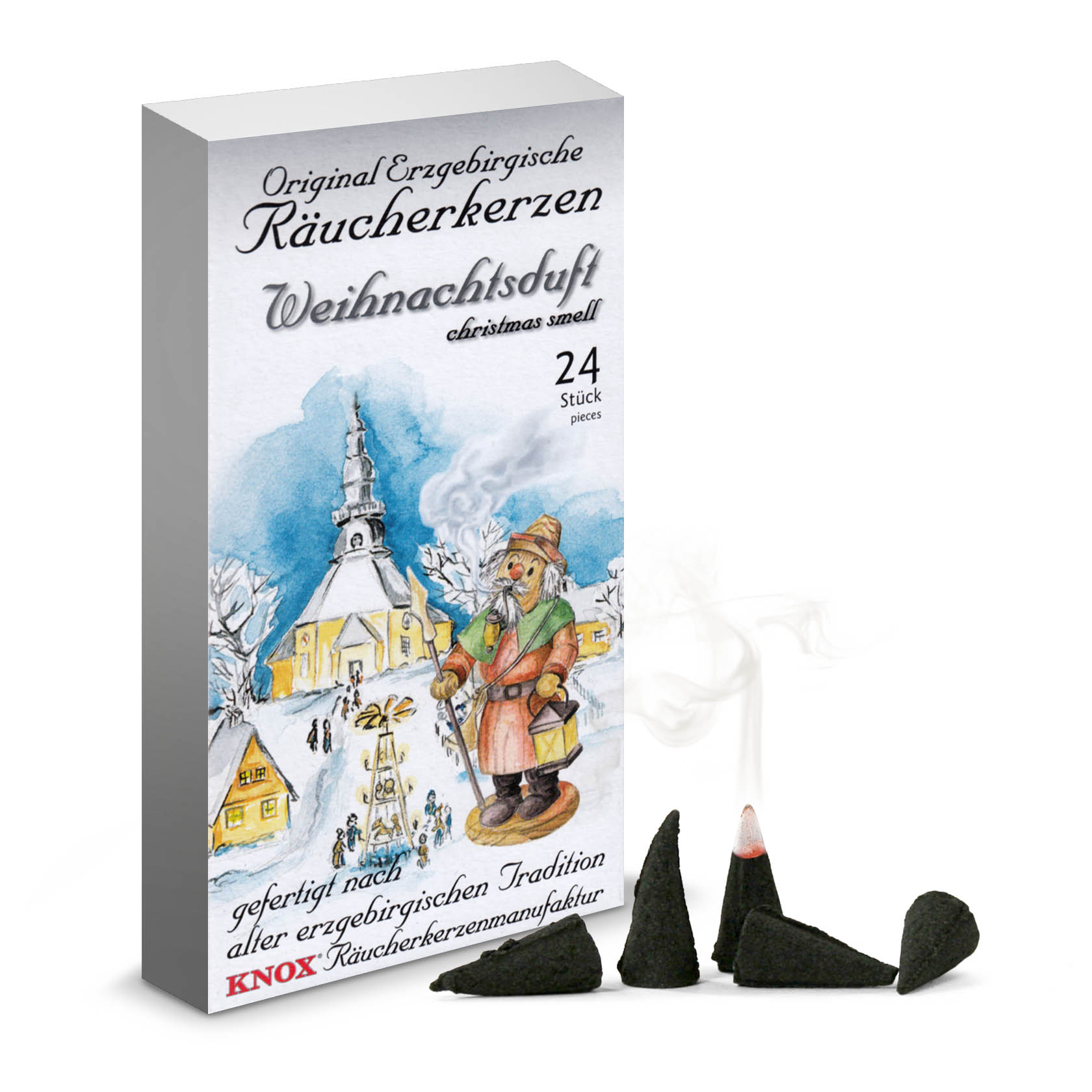 Box of KNOX incense cones with the label 'Weihnachtsduft', featuring 24 pieces and traditional Erzgebirge Christmas imagery, including a festive scene with snow and a chapel. im Dregeno Online Shop günstig kaufen