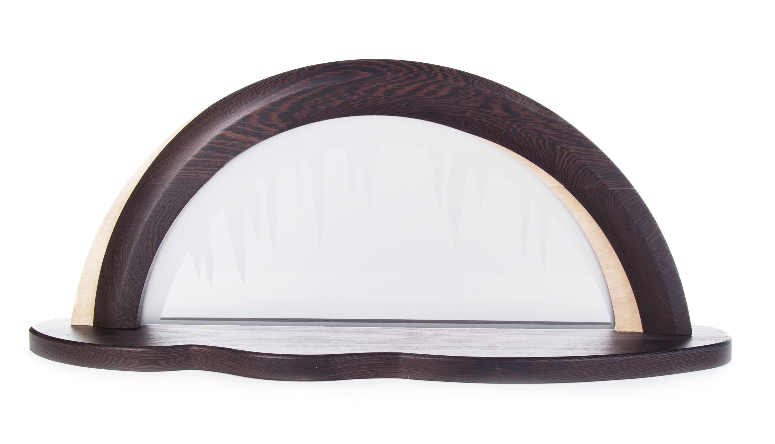 Design-Holzbogen Wenge/Hainbuche mit Glasscheibe, Vorleger und Erhöhung (Wenge), indirekt elektrisch beleuchtet