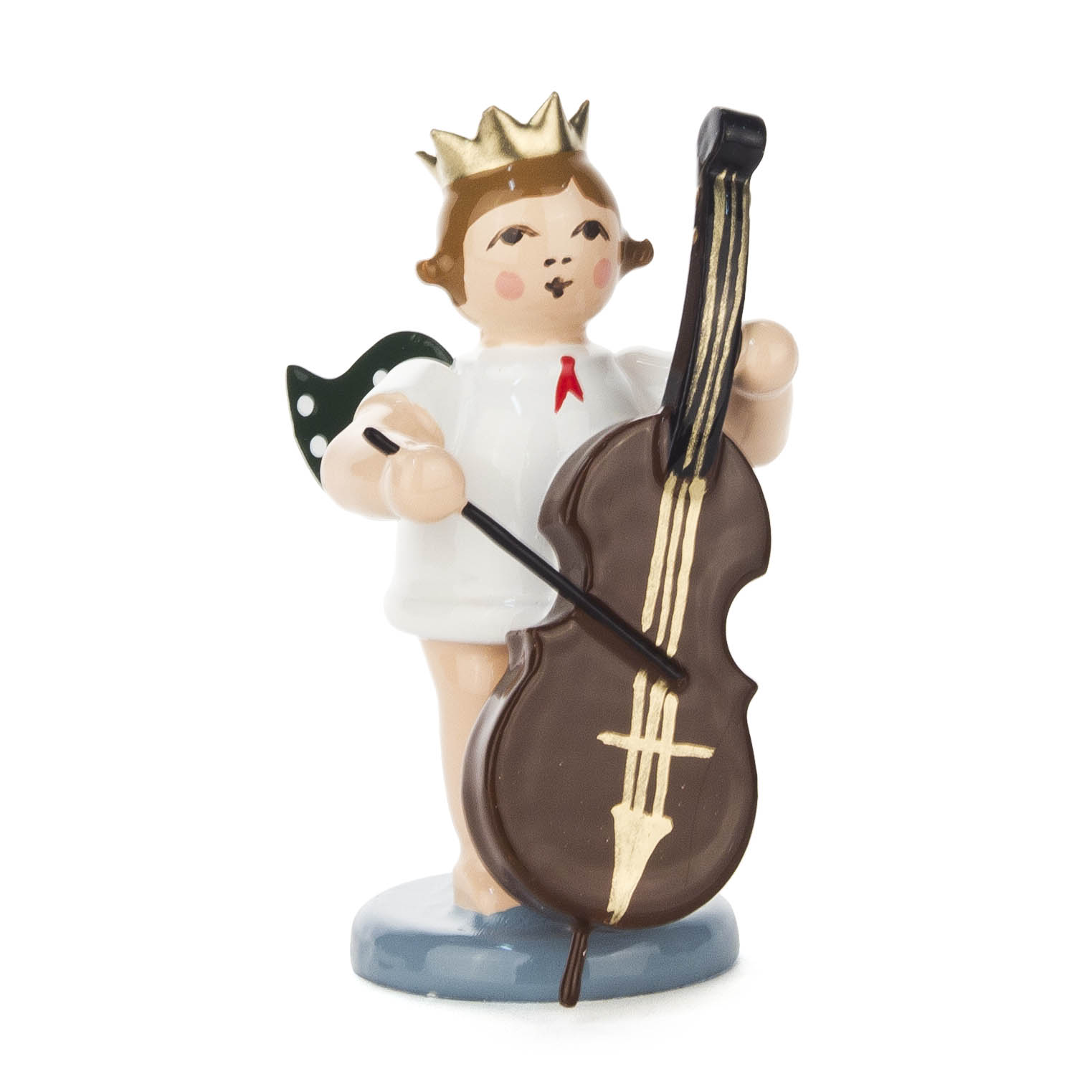 A small figurine of an angel with a crown, holding a cello and bow. The angel has a white robe with a red bow tie and green wings. im Dregeno Online Shop günstig kaufen