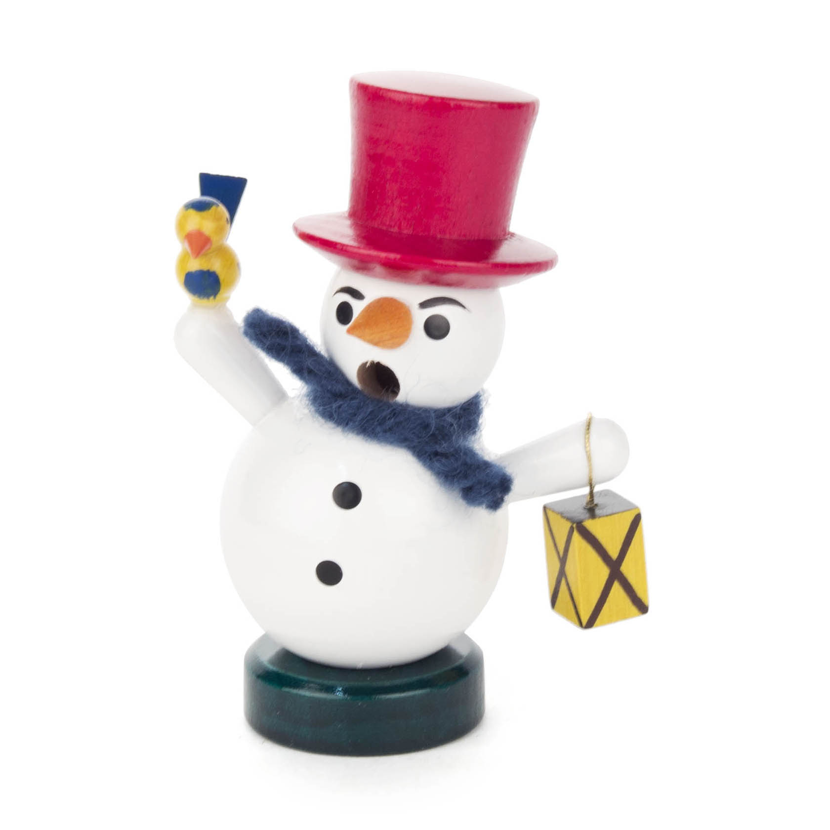 Mini smoking figure snowman holding a colorful pipe and a lantern, wearing a red top hat and a blue scarf.