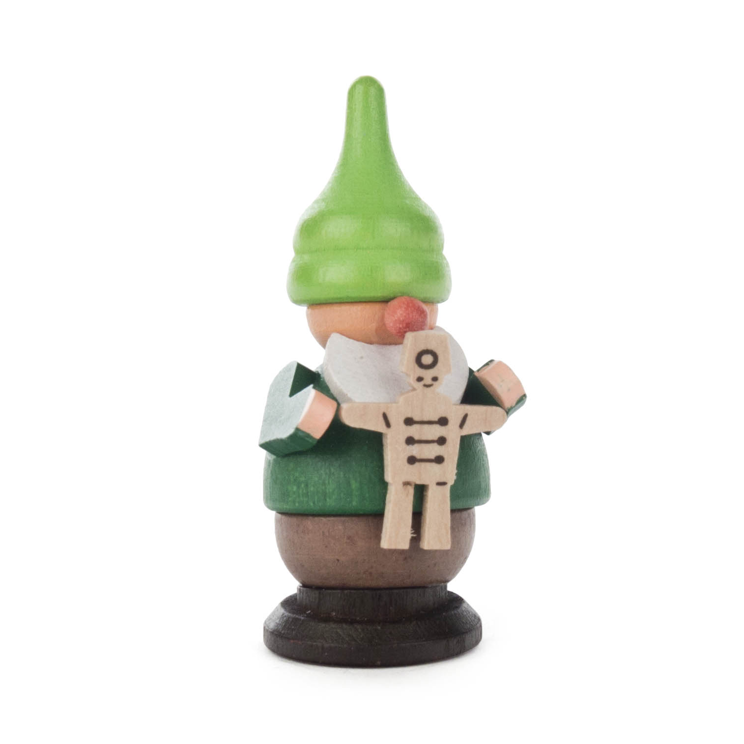 Wooden gnome figurine with a green hat and coat holding a small wooden puppet.
