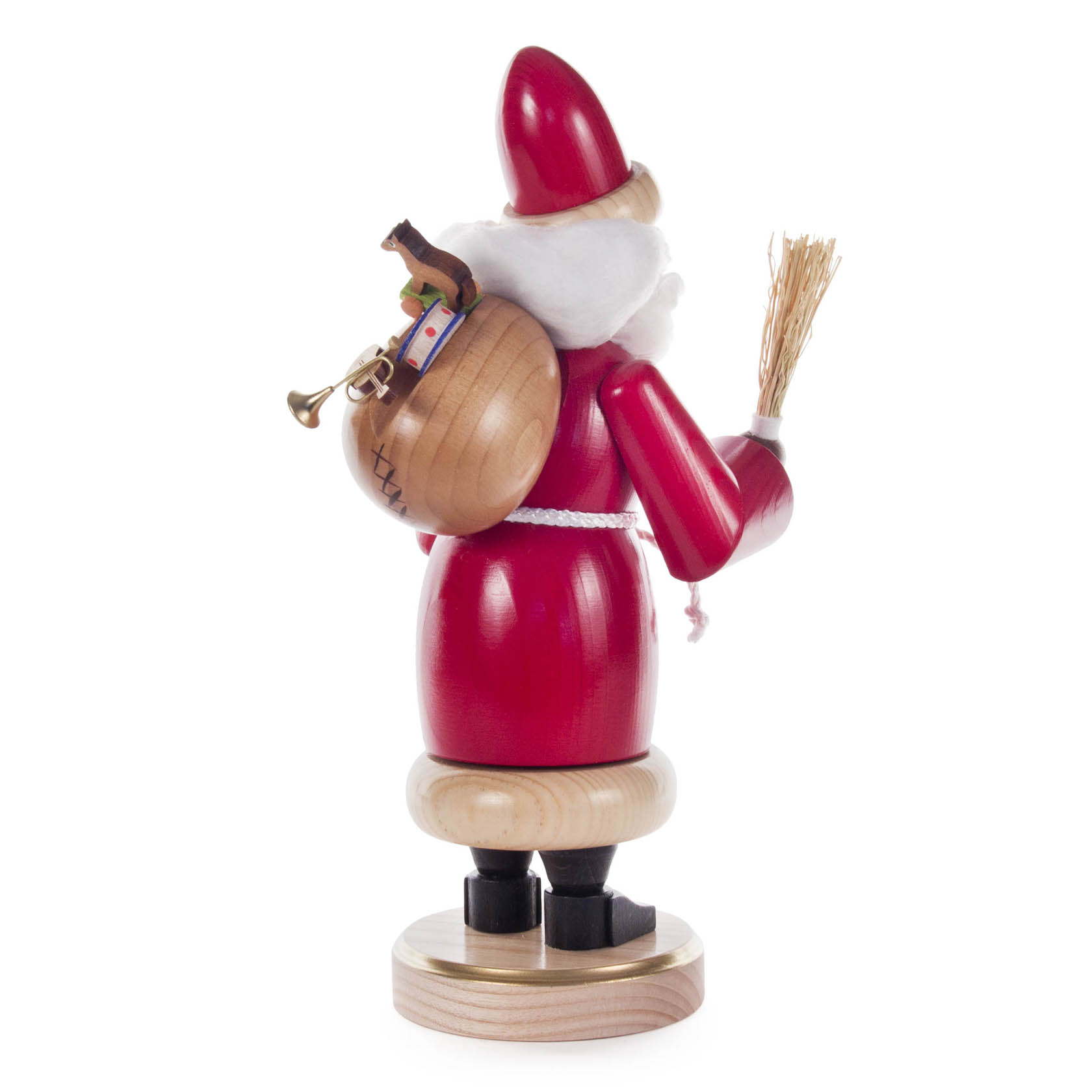 A wooden incense smoker figurine of a Santa Claus in red coat, holding a broom and a sack with gifts on his back.