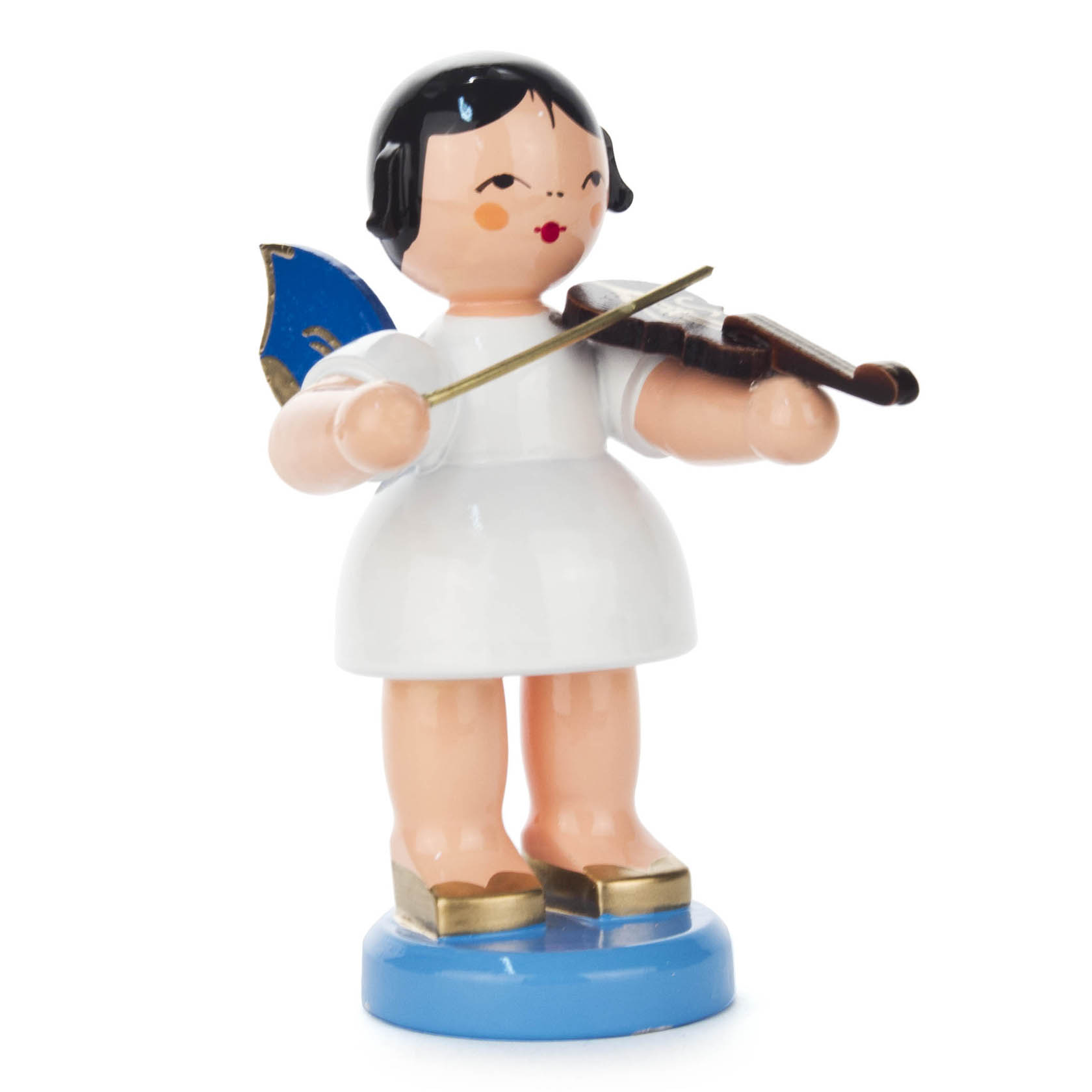 A large figurine of an angel playing the violin, featuring blue wings and standing on a blue base.