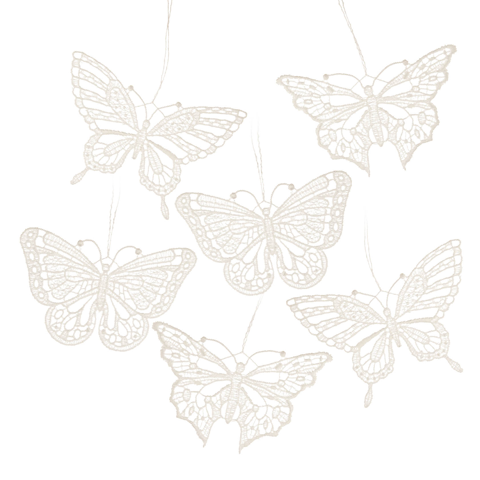 Six delicate lace butterflies by Plauener Spitze, showcasing intricate designs with outspread wings in an off-white shade. im Dregeno Online Shop günstig kaufen