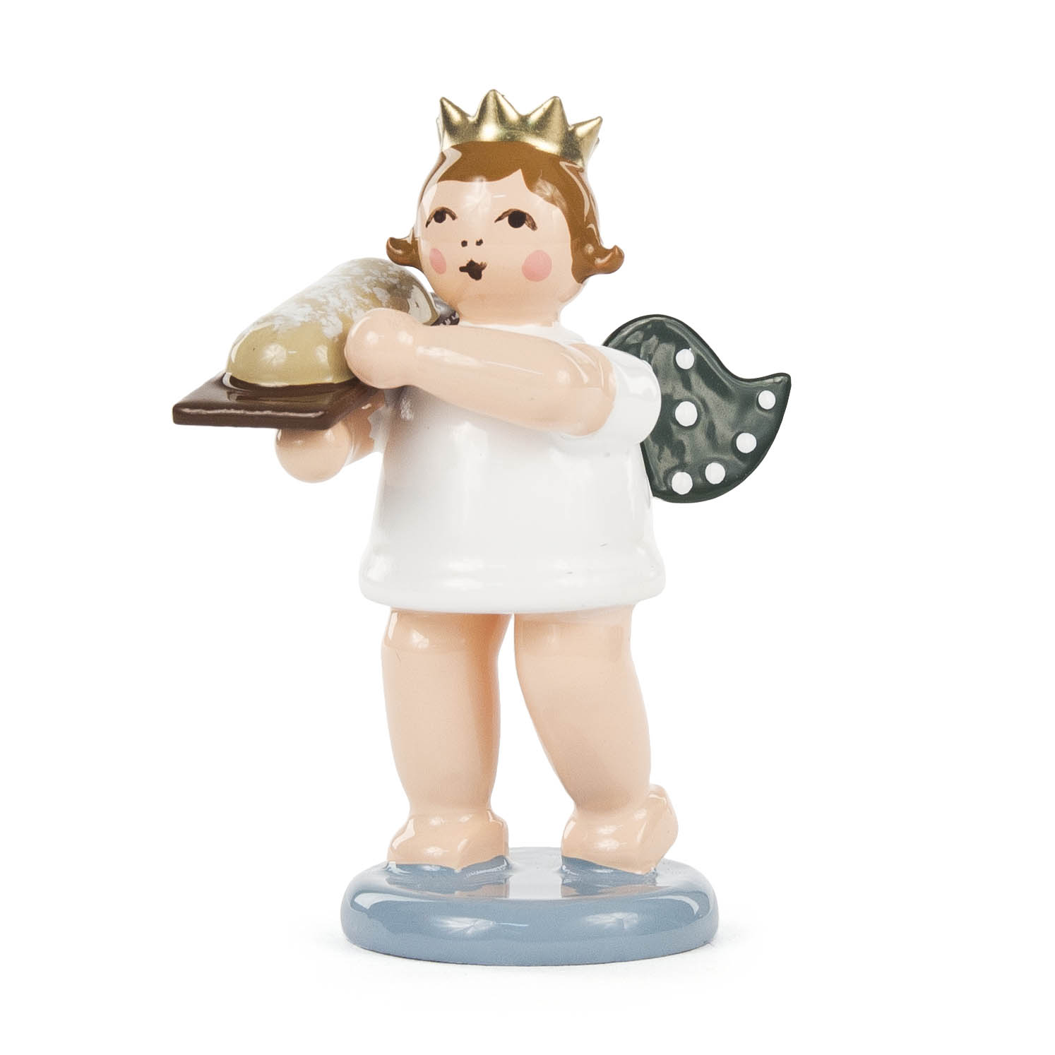 A figure of a baker angel holding a stollen on a tray, wearing a white robe, golden crown, and green wings with white dots. im Dregeno Online Shop günstig kaufen