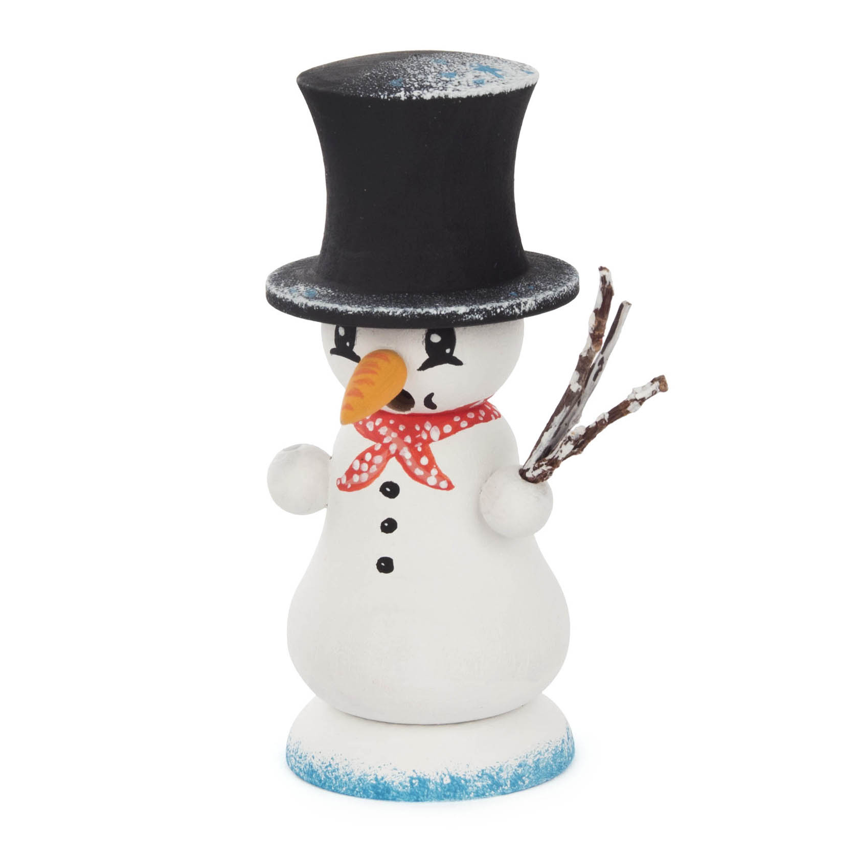 Ein Miniatur-Räuchermann in Form eines Schneemanns mit schwarzem Zylinder, rotem Schal, Karottennase und hölzernem Besen. im Dregeno Online Shop günstig kaufen