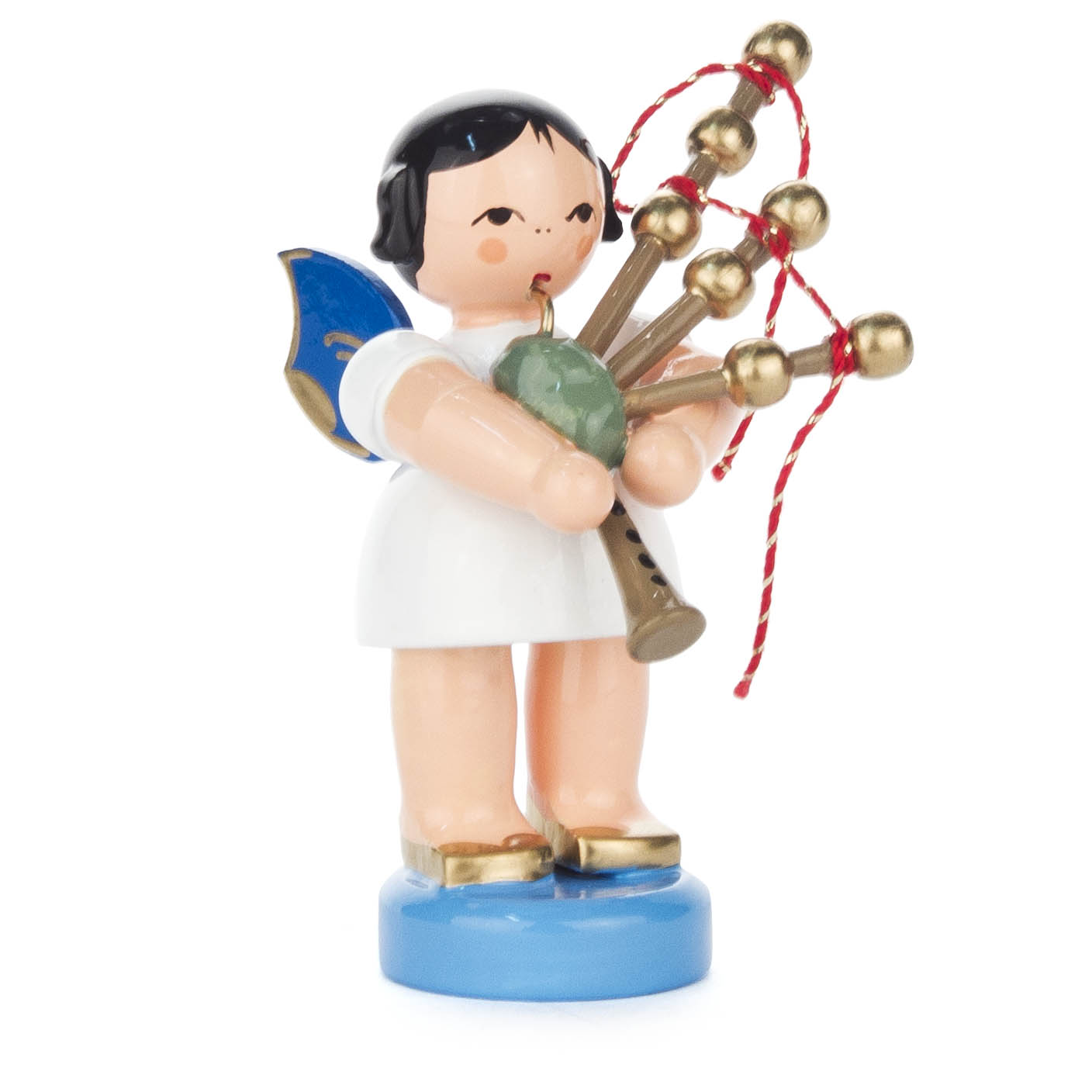 Engel mit Dudelsack stehend, blaue Flügel