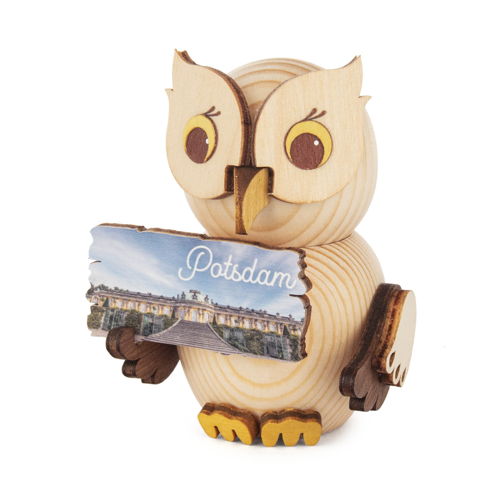 A small wooden owl figurine holding a sign with 'Potsdam' written on it, featuring an image of a historic building. im Dregeno Online Shop günstig kaufen