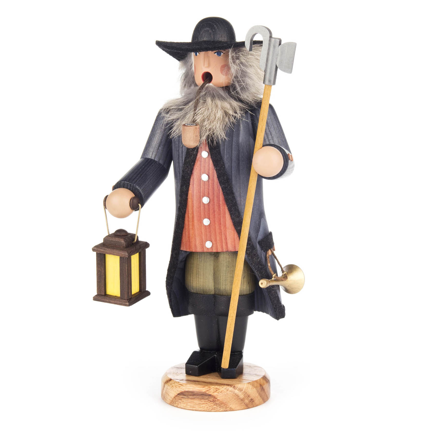 Ein traditioneller Räuchermann in Form eines Nachtwächters mit einem schwarzen Hut, einer Laterne in der rechten Hand und einer Hellebarde in der linken. im Dregeno Online Shop günstig kaufen