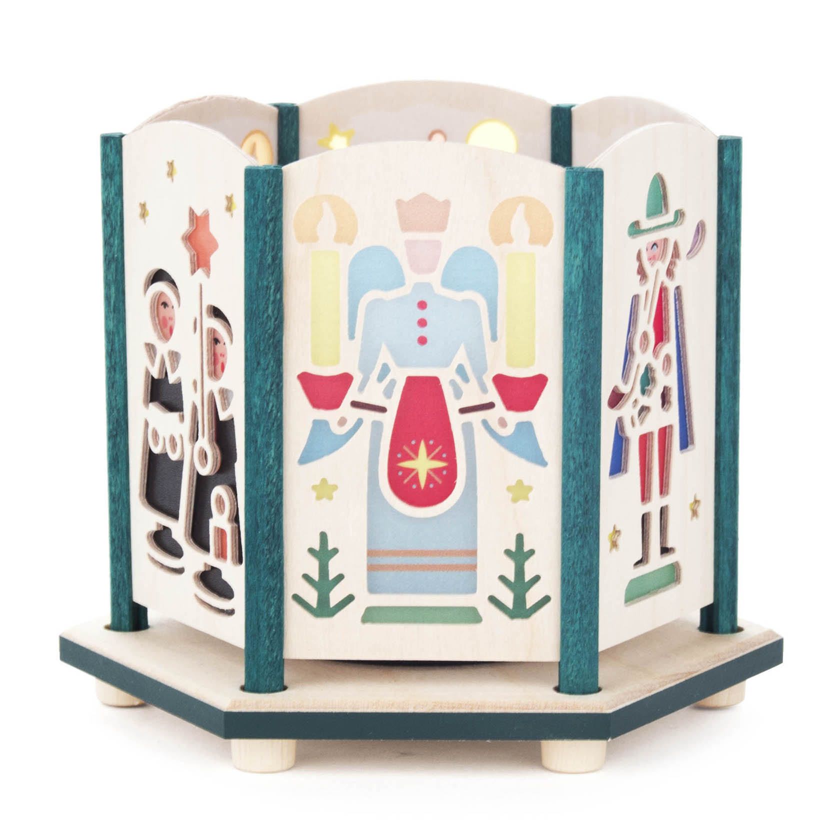 A wooden tealight holder with colorful Seiffen motifs, including an angel with candles, a miner, and traditional carolers.