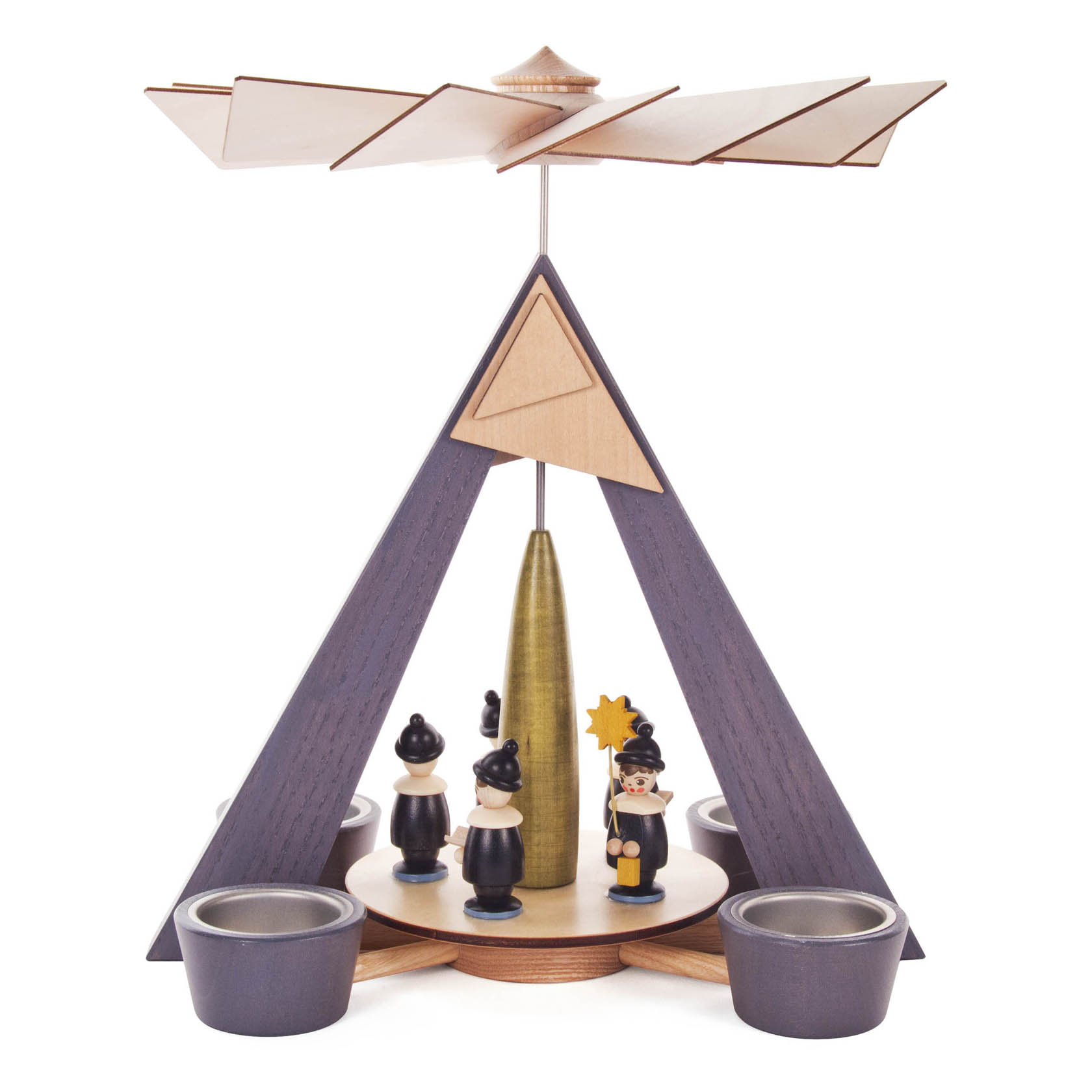 Pyramide mit Kurrende, grau mit farbigen Figuren, für Teelichte