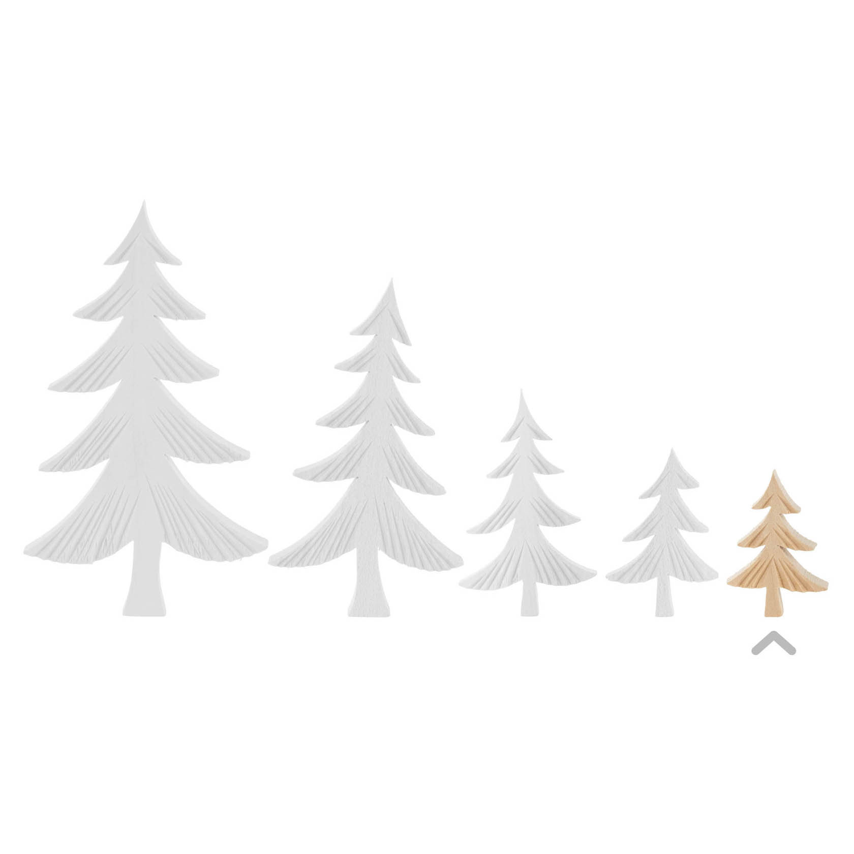Five carved wooden trees, ranging from large white to small natural wood color.