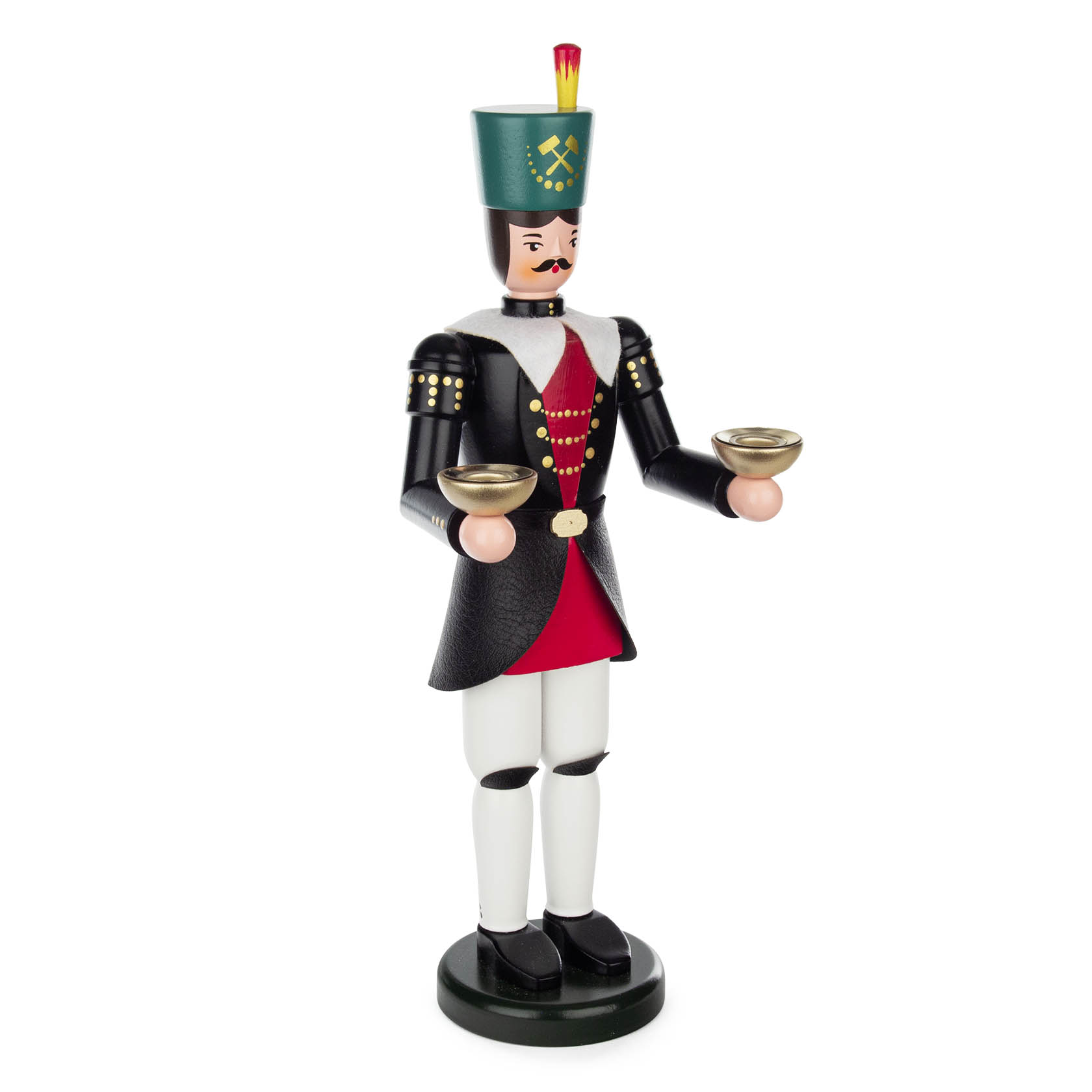 A wooden miner figurine holding two candle holders, wearing a traditional miner's uniform with a green hat and white pants.