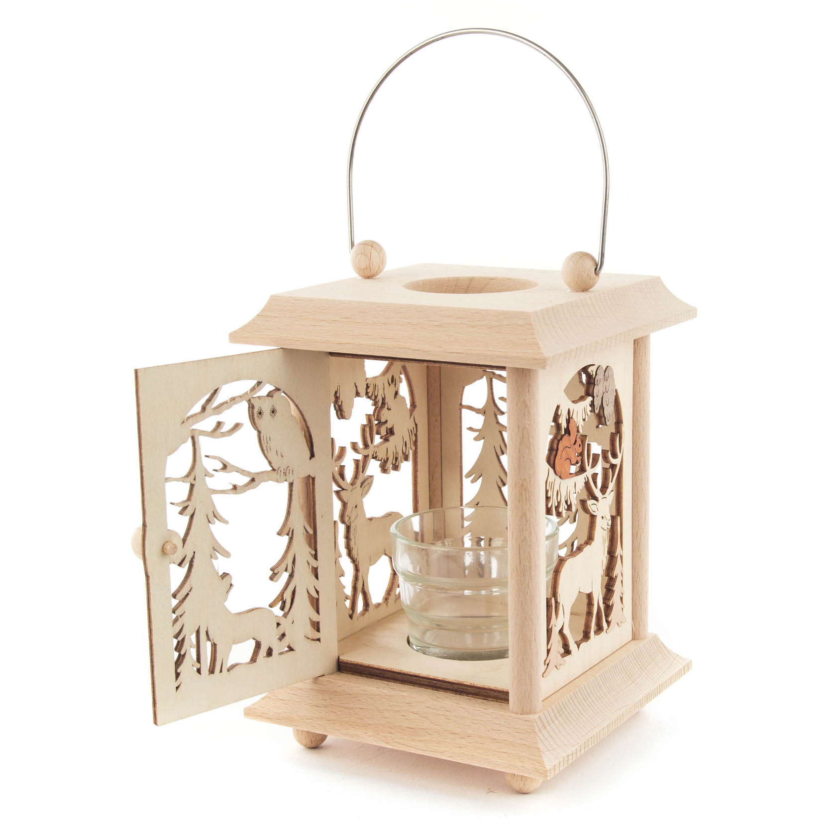 Wooden table lantern with intricate forest animal cutouts, including a deer and an owl. Features a glass insert for a tealight or votive candle.