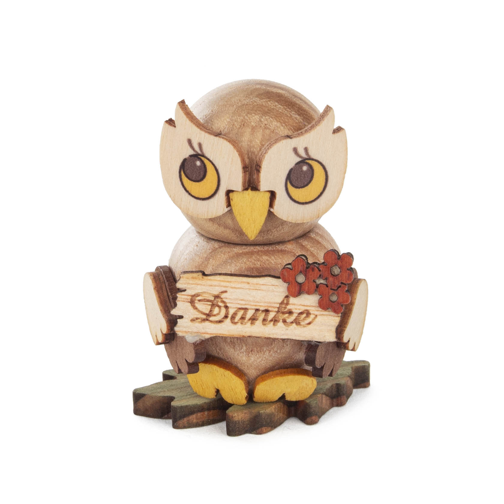 Holzeule mit großen Augen, hält ein Schild mit der Aufschrift 'Danke' und drei roten Blumen. Der Körper ist aus hellem Holz gefertigt. im Dregeno Online Shop günstig kaufen