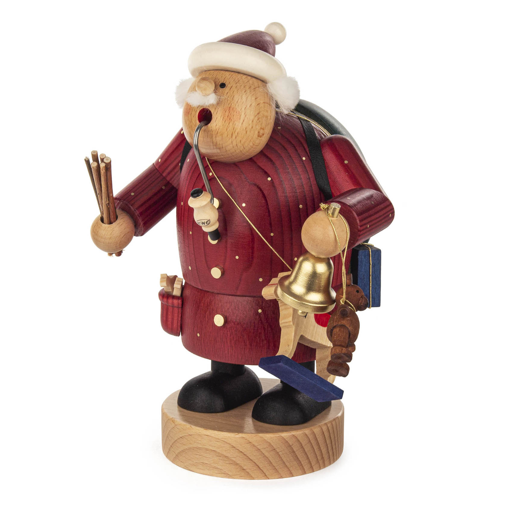 A 20cm wooden smoking figure of Santa Claus, dressed in red with a white beard, holding cookies in one hand and a bell with toys in the other.