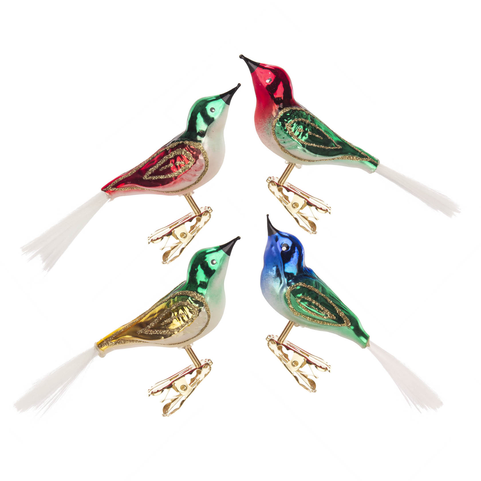 Vier bunte, gläserne Vogel-Christbaumschmuckstücke mit Glitzer und weißen Schwanzfedern auf weißen Clips. im Dregeno Online Shop günstig kaufen