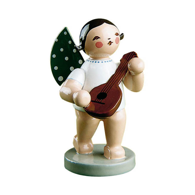 A wooden angel figurine with polka-dotted wings playing a mandolin. im Dregeno Online Shop günstig kaufen
