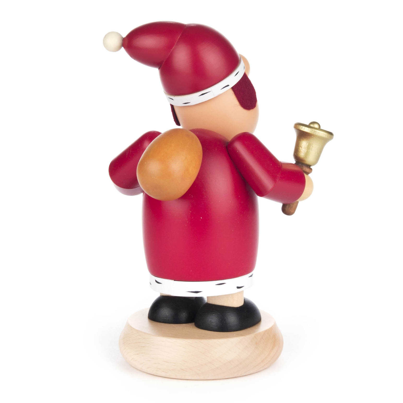 Holzfigur eines Weihnachtsmannes mit rotem Mantel, Mütze, braunem Sack und Glöckchen in der Hand, stehend auf einem Holzsockel.