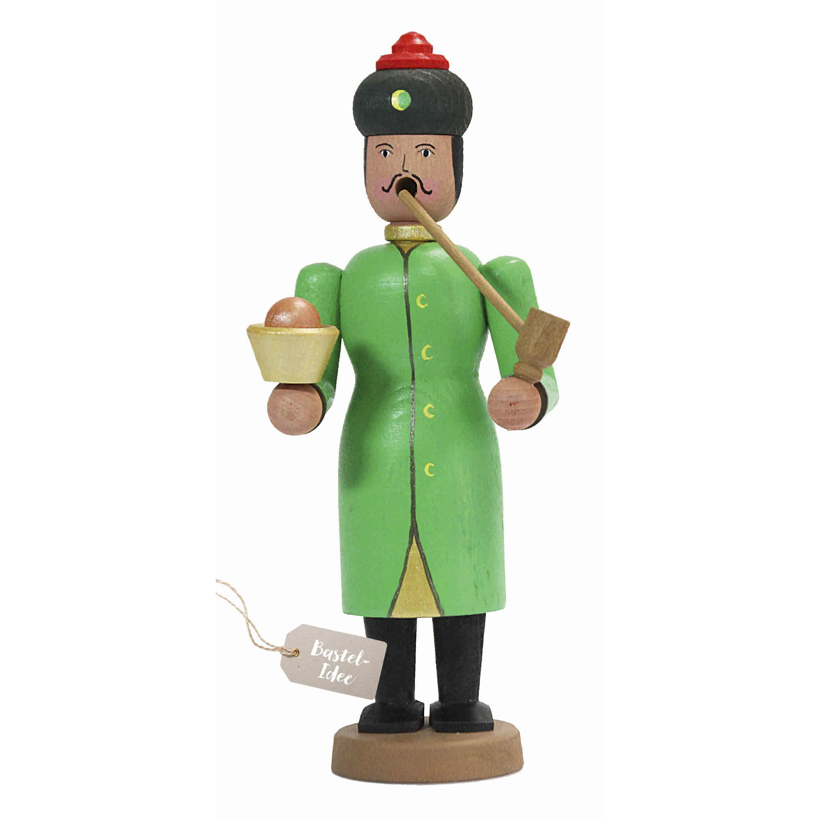 Wooden figurine of a Turkish incense smoker, labeled Balthasar, holding a bowl and a pipe, dressed in a green robe and black hat. im Dregeno Online Shop günstig kaufen