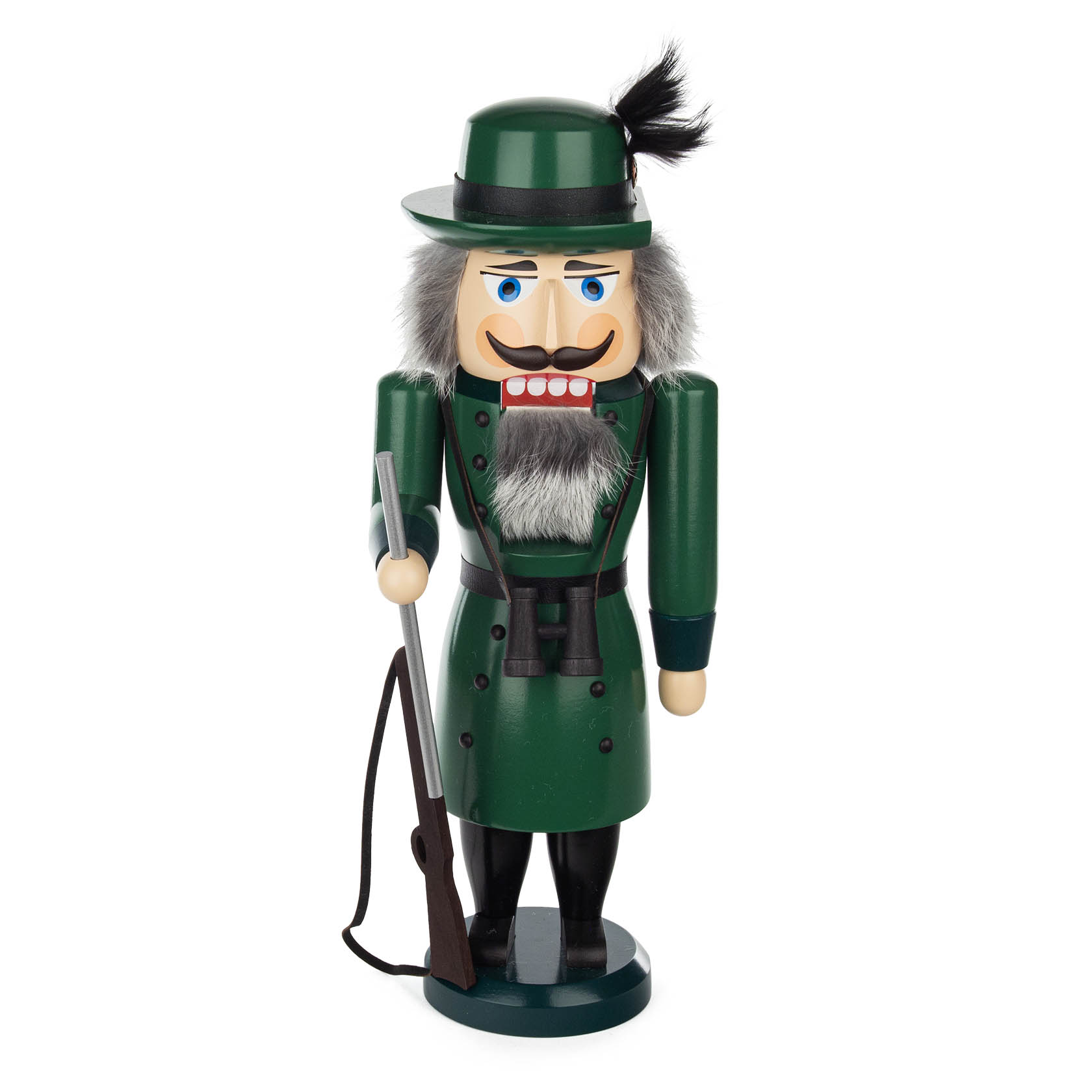 A 35cm tall nutcracker figure dressed as a traditional forester in green attire, with a feathered hat and a rifle. im Dregeno Online Shop günstig kaufen