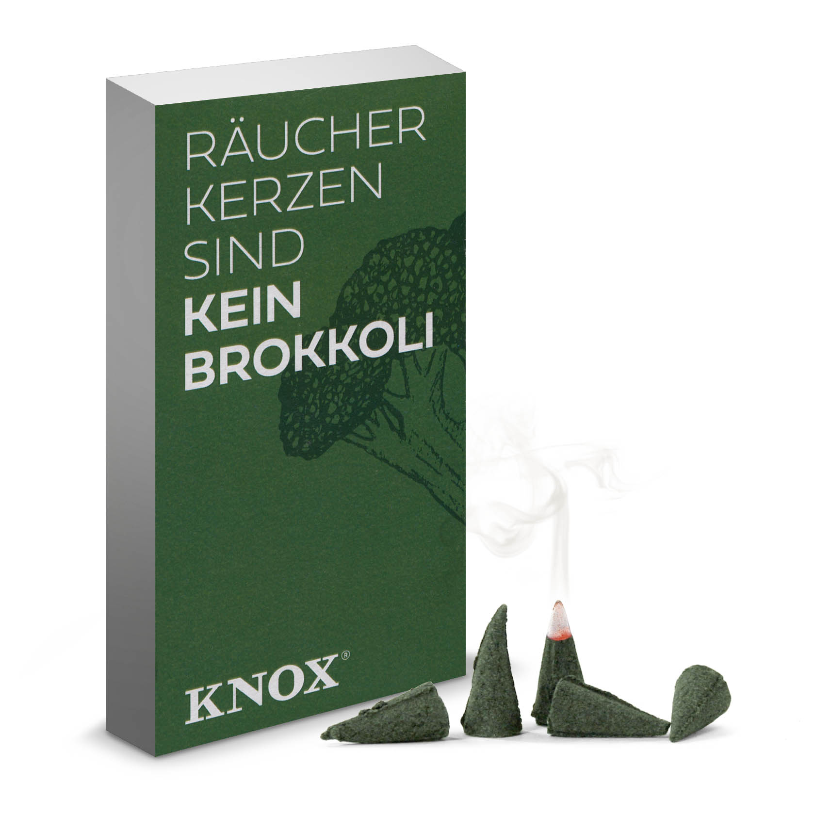 Green incense cones with a lit tip emitting smoke, next to a green box labeled 'Räucherkerzen sind kein Brokkoli' by KNOX.