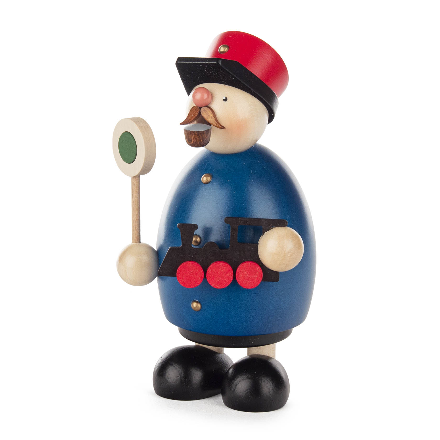 Holzfigur eines Eisenbahners in blauem Mantel und roter Mütze, hält ein kleines Signal in der Hand und hat einen Schnurrbart.