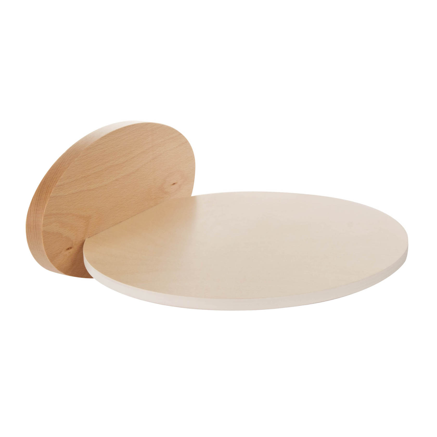 Round universal wall mount made of solid wood with a circular base and a flat, round shelf platform. im Dregeno Online Shop günstig kaufen