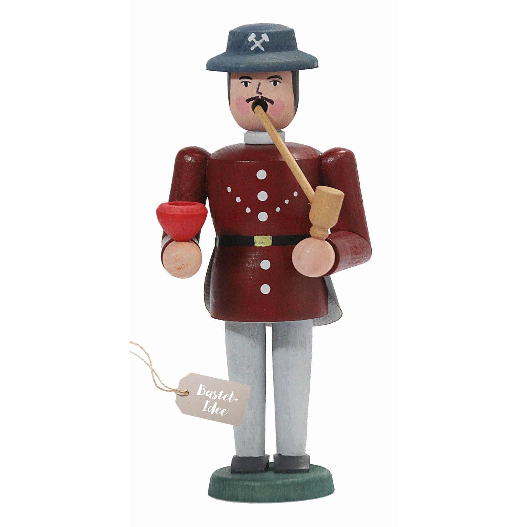 Wooden incense smoker figure of a knight, holding a pipe and a red cup, wearing a hat with an axe symbol and a red coat with white buttons. im Dregeno Online Shop günstig kaufen