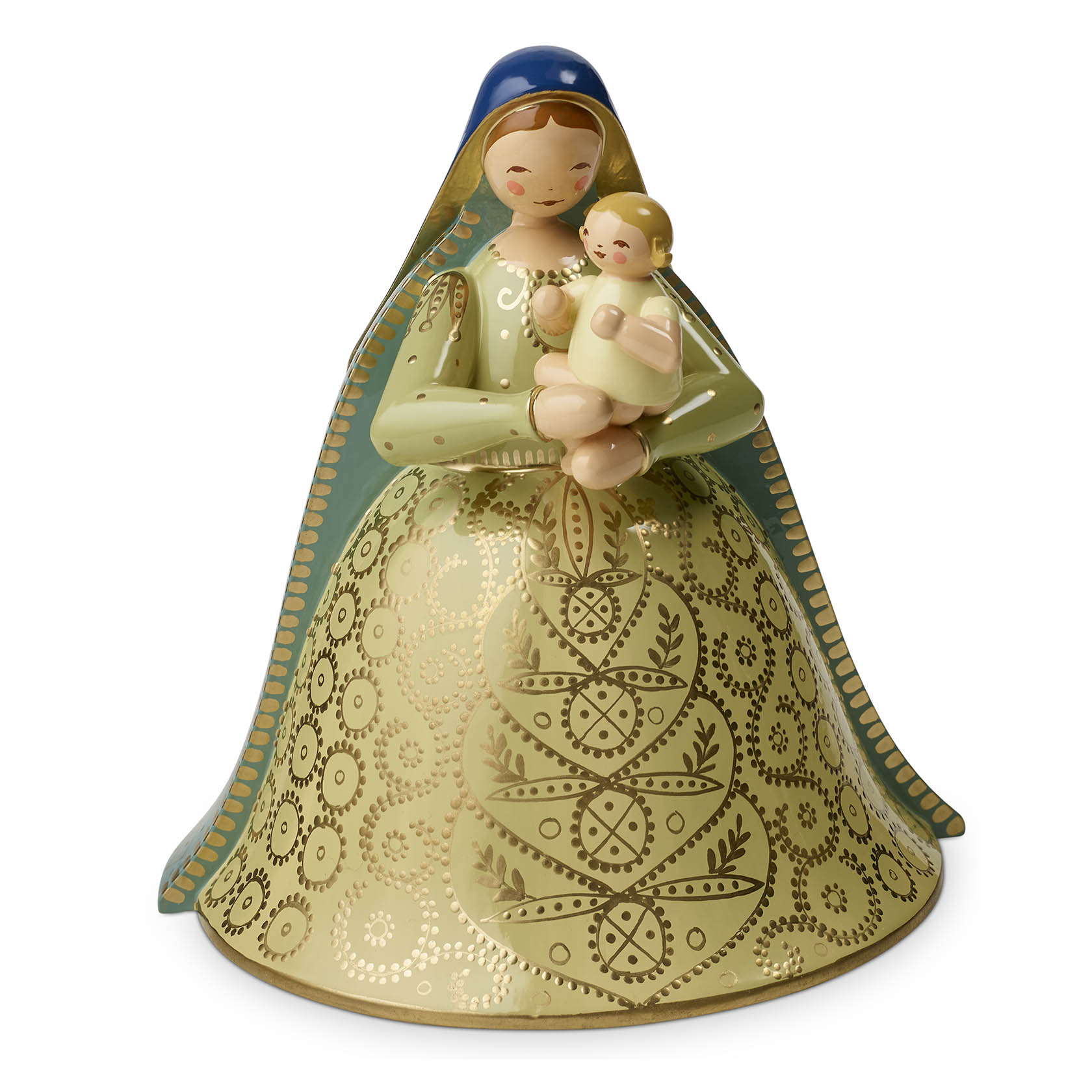 Eine farbenfroh bemalte Figur der Madonna mit dem Christkind, in creme und hellblau gehalten. Die Madonna hält das Christkind liebevoll im Arm. im Dregeno Online Shop günstig kaufen