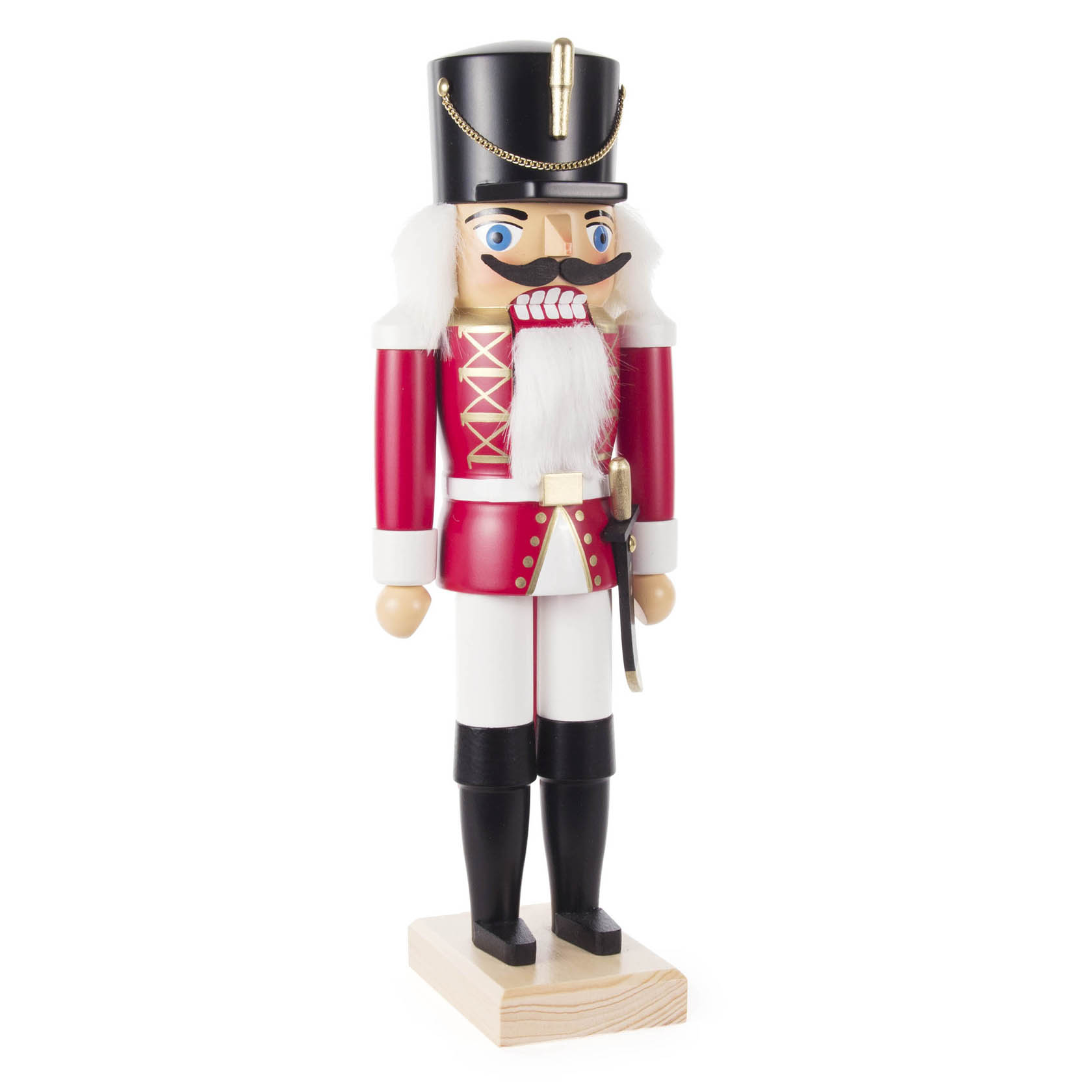 A red nutcracker in the shape of a hussar soldier, with blue eyes, white beard, black boots, and holding a sword, standing on a wooden base.
