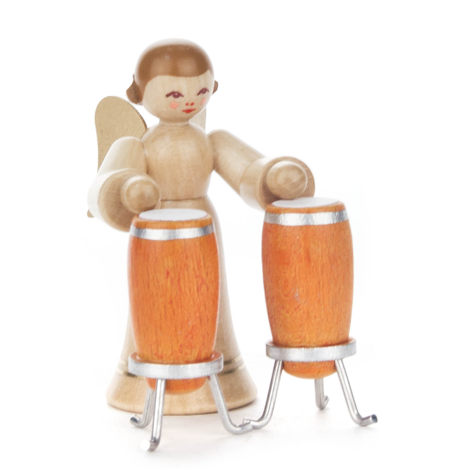 Holzfigur eines Engels mit Flügeln, der zwei Conga-Trommeln spielt. Der Engel hat einen langen Rock und ausdruckslose Gesichtszüge. im Dregeno Online Shop günstig kaufen
