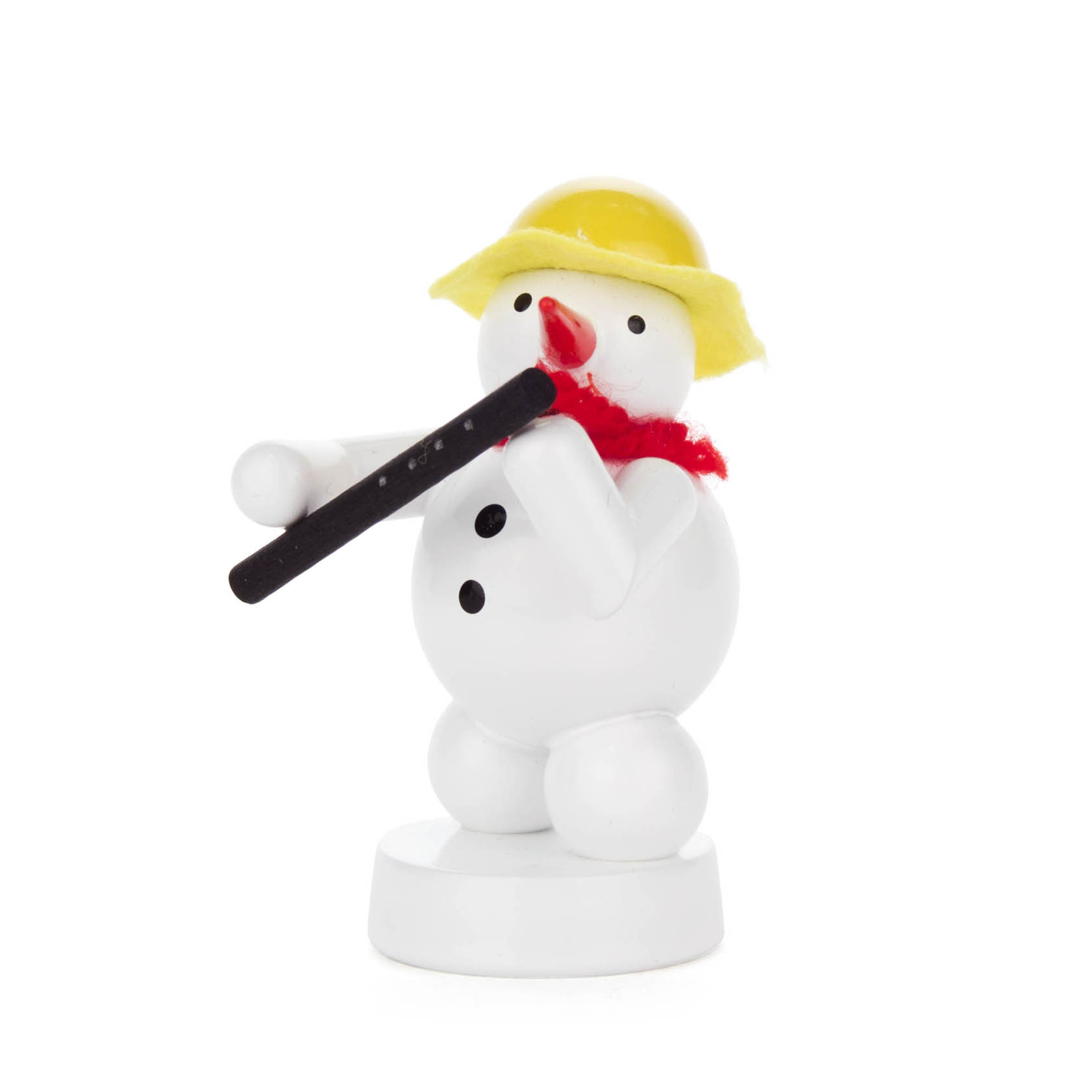 Model of a snowman with a yellow hat and red scarf, holding a black oboe with both hands. im Dregeno Online Shop günstig kaufen