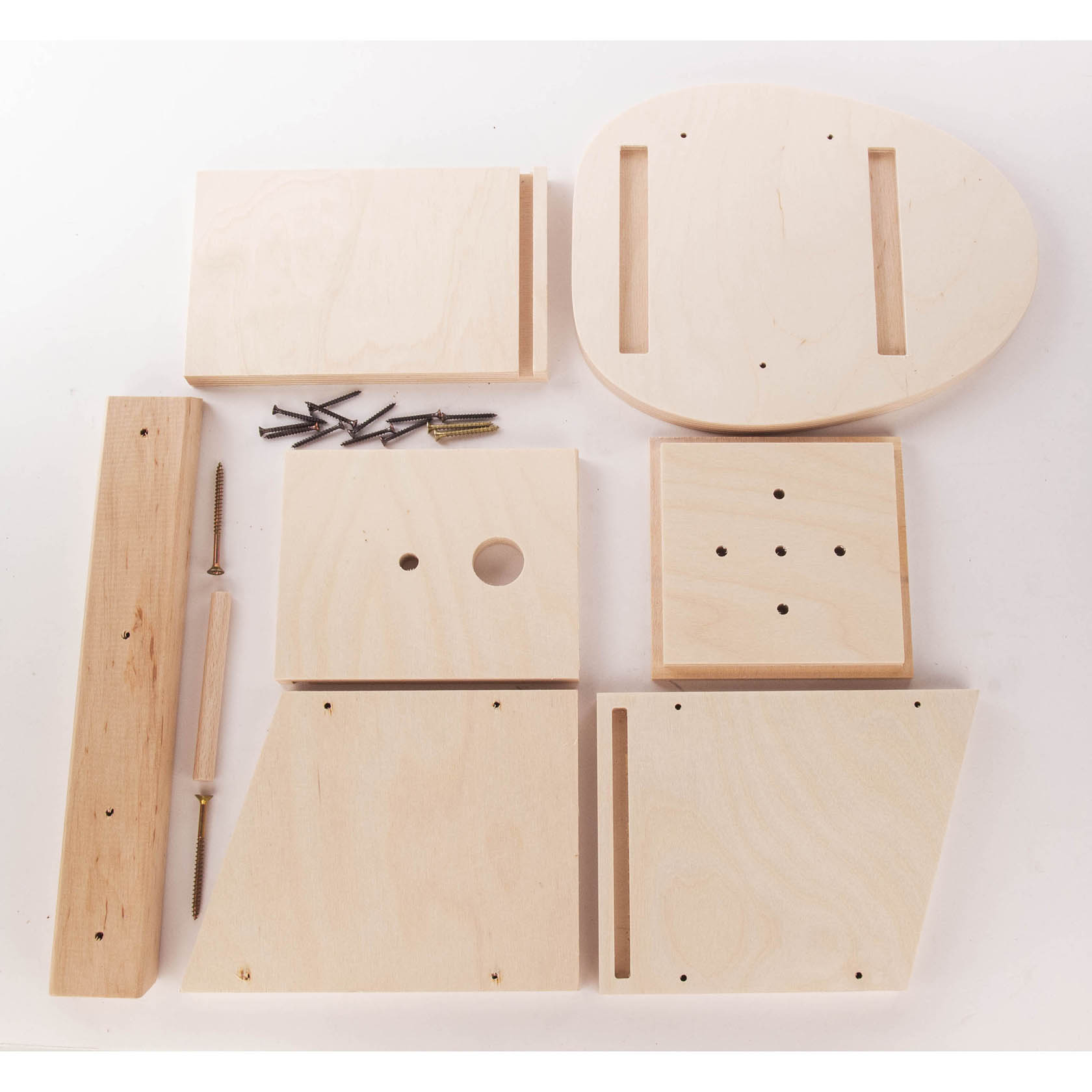 Wooden parts and screws for assembling a birdhouse, including panels with pre-drilled holes and a hole for bird entry.