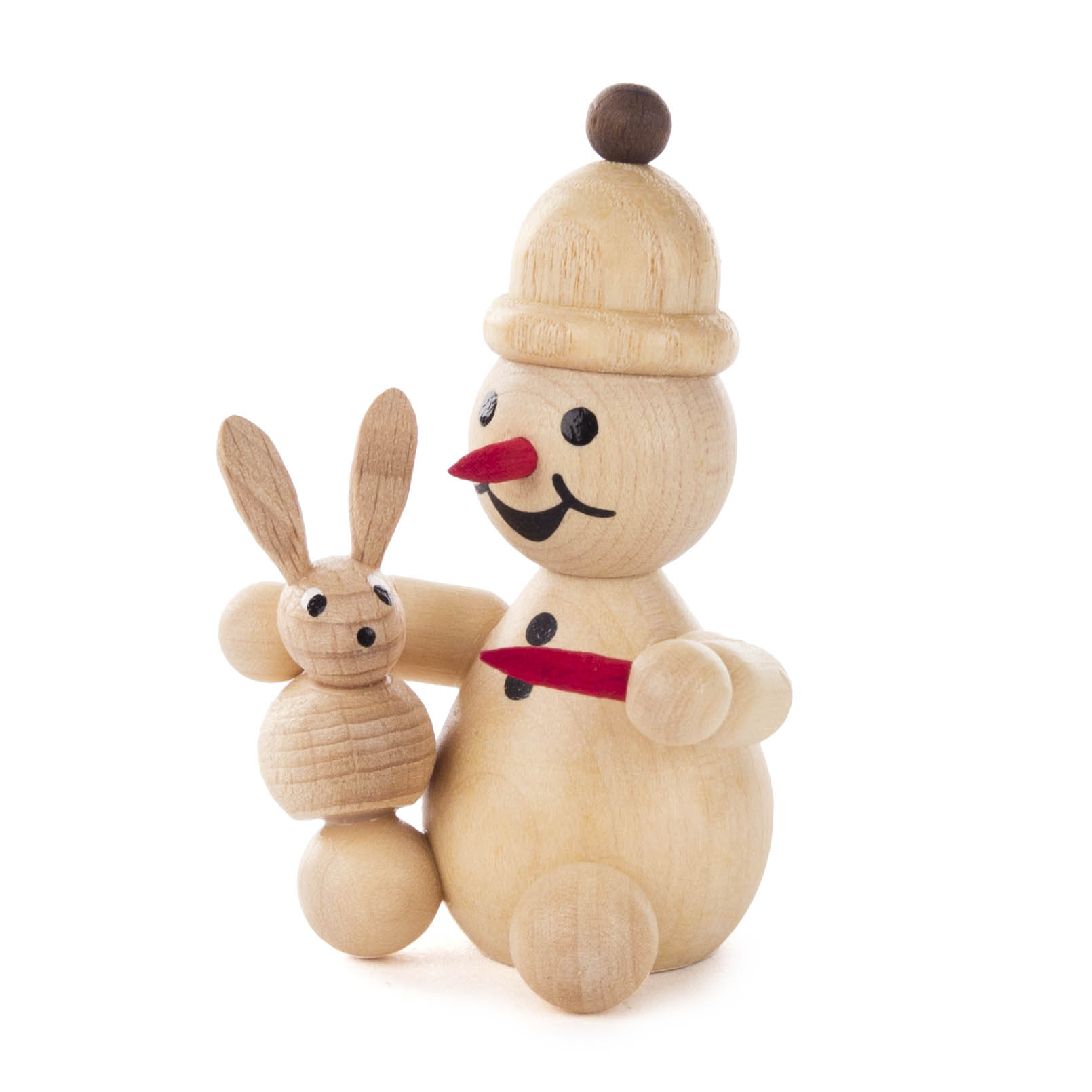 Wooden snowman figurine with a small brown hat, holding a wooden rabbit on its lap. The snowman has painted features including a red nose and black eyes.