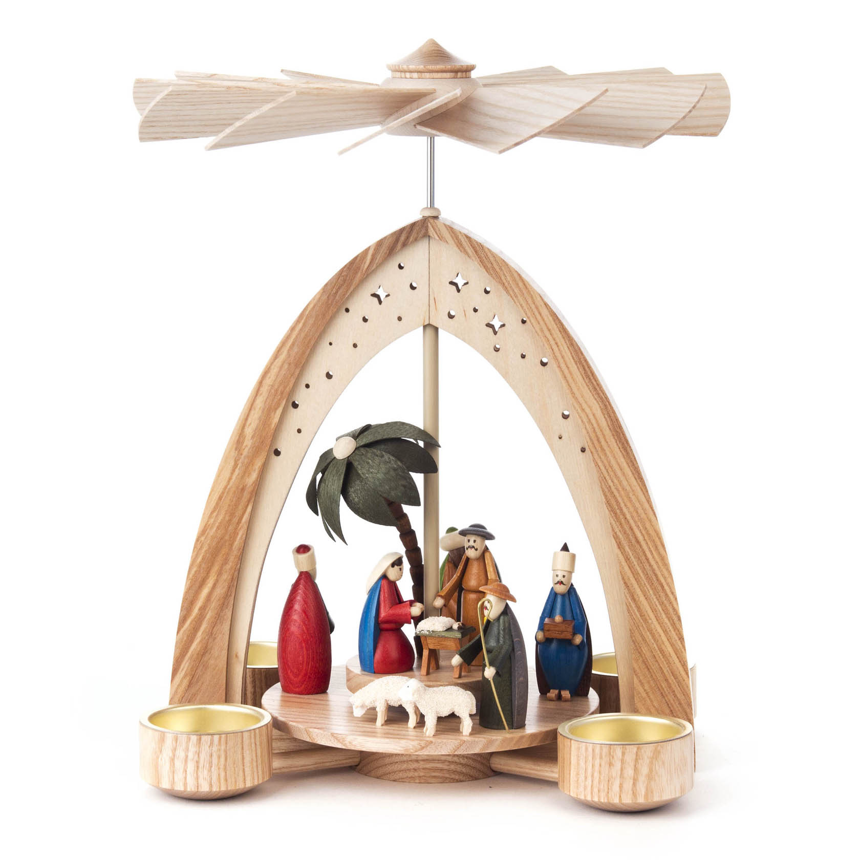 Holz-Weihnachtspyramide mit farbigen Figuren der Geburt Christi, darunter Maria, Josef, das Jesuskind in der Krippe, ein Hirte und ein Schaf. im Dregeno Online Shop günstig kaufen