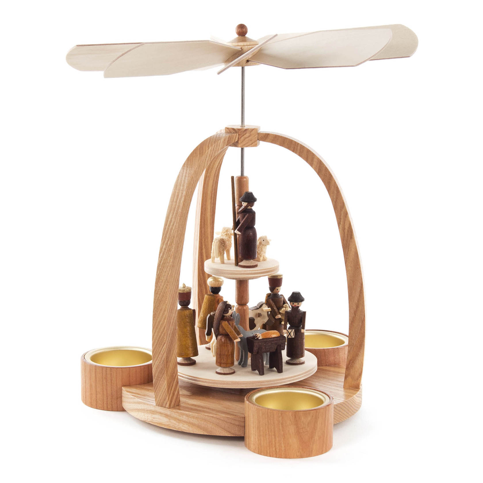 A wooden Christmas pyramid with nativity scene figures, designed for tealight candles. It features rotating arches and a propeller top.