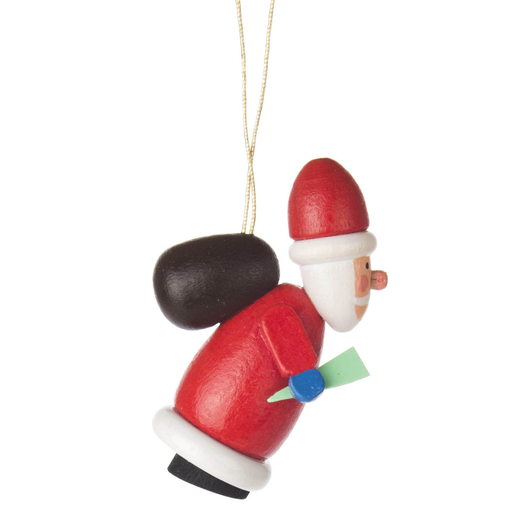 Hängende Weihnachtsdekoration aus Holz, zeigt einen seitlich betrachteten Weihnachtsmann in rotem Mantel mit einer Geschenktüte auf dem Rücken.