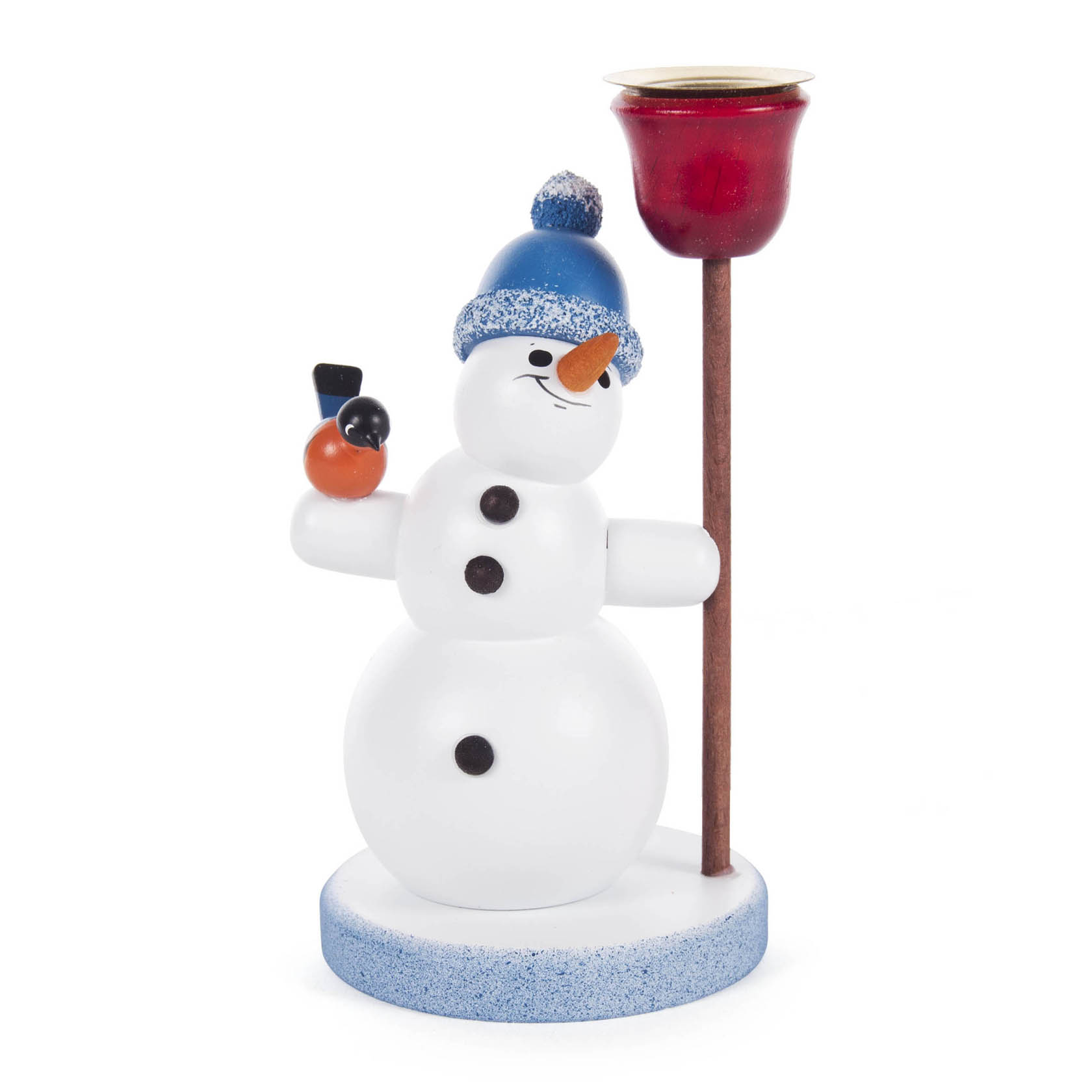 Schneemann mit Kerzenhalter und blauer Pudelmütze, für Kerze d=14mm im Dregeno Online Shop günstig kaufen
