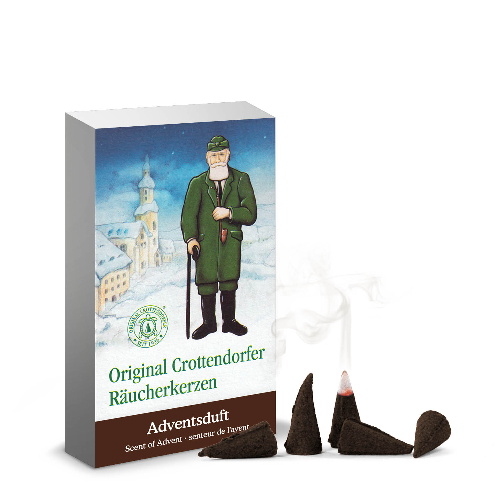 Eine Schachtel Crottendorfer Räucherkerzen, darauf ein Mann in traditioneller Kleidung. Vor der Schachtel sind angezündete Räucherkerzen sichtbar. im Dregeno Online Shop günstig kaufen
