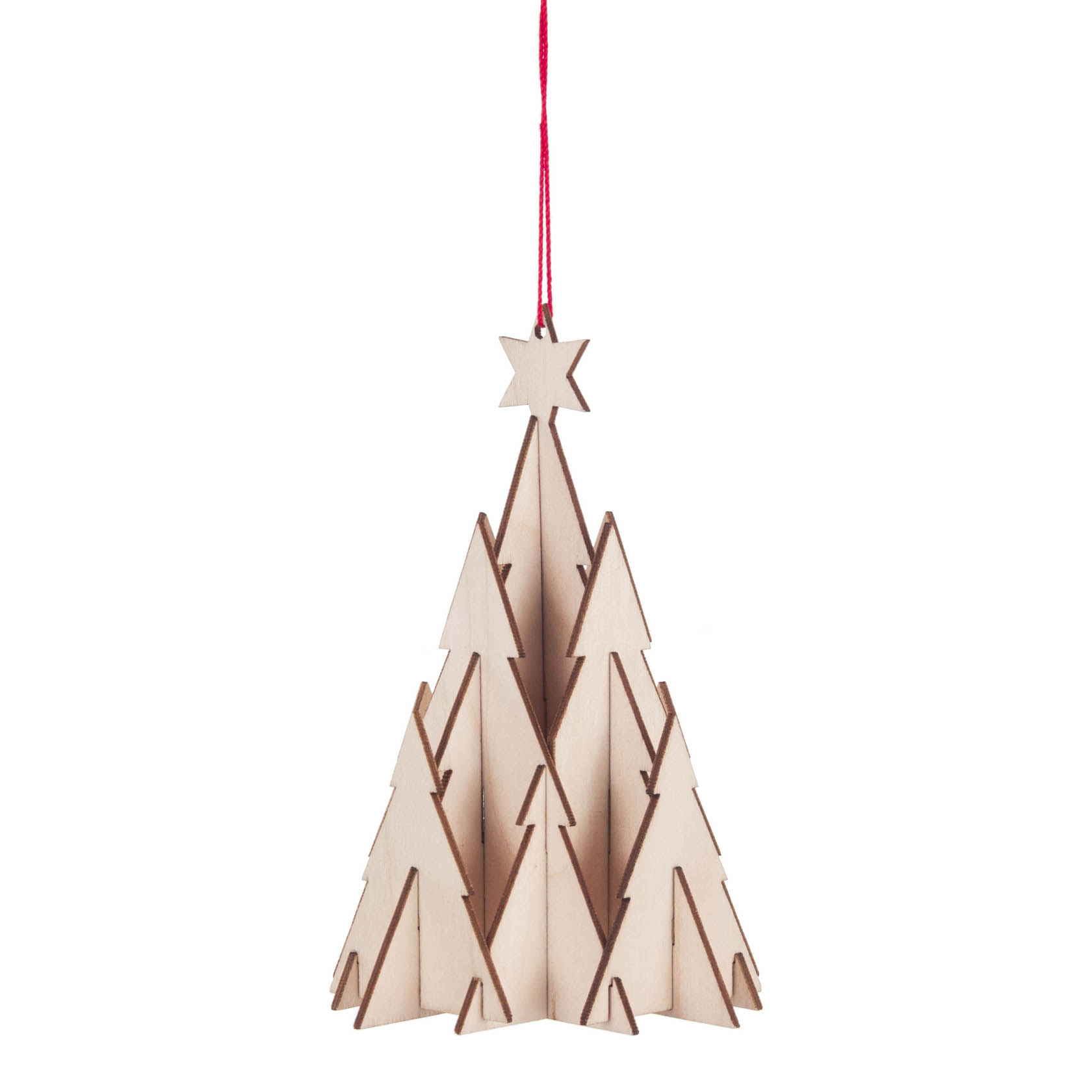 Ein hölzerner, steckbarer Weihnachtsbaumanhänger mit einem roten Faden zum Aufhängen. Der Baum besteht aus mehreren ineinandergesteckten Teilen und hat einen Stern an der Spitze. im Dregeno Online Shop günstig kaufen
