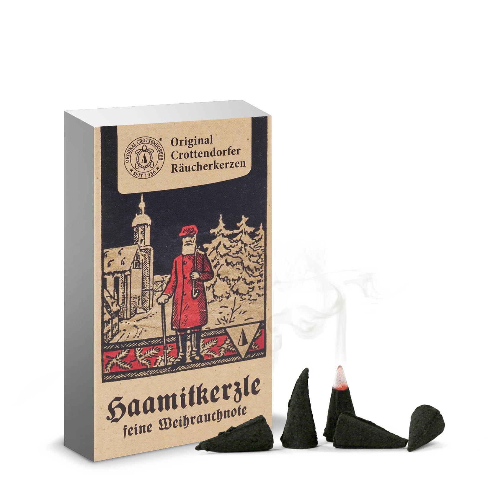 Verpackung von Original Crottendorfer Räucherkerzen aus der Nostalgie Edition 'Hamitkerzle' und mehrere schwarze Räucherkerzenkegel, von denen einer raucht. im Dregeno Online Shop günstig kaufen