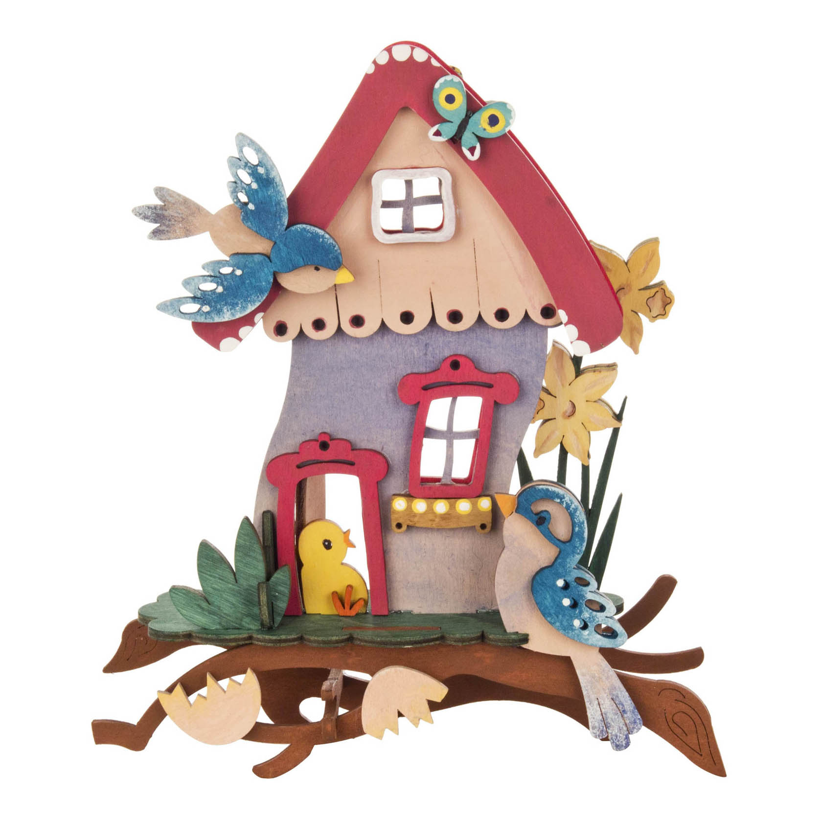Decorative window art set featuring a house with colorful birds, one perched on the roof and another near the door, surrounded by flowers.