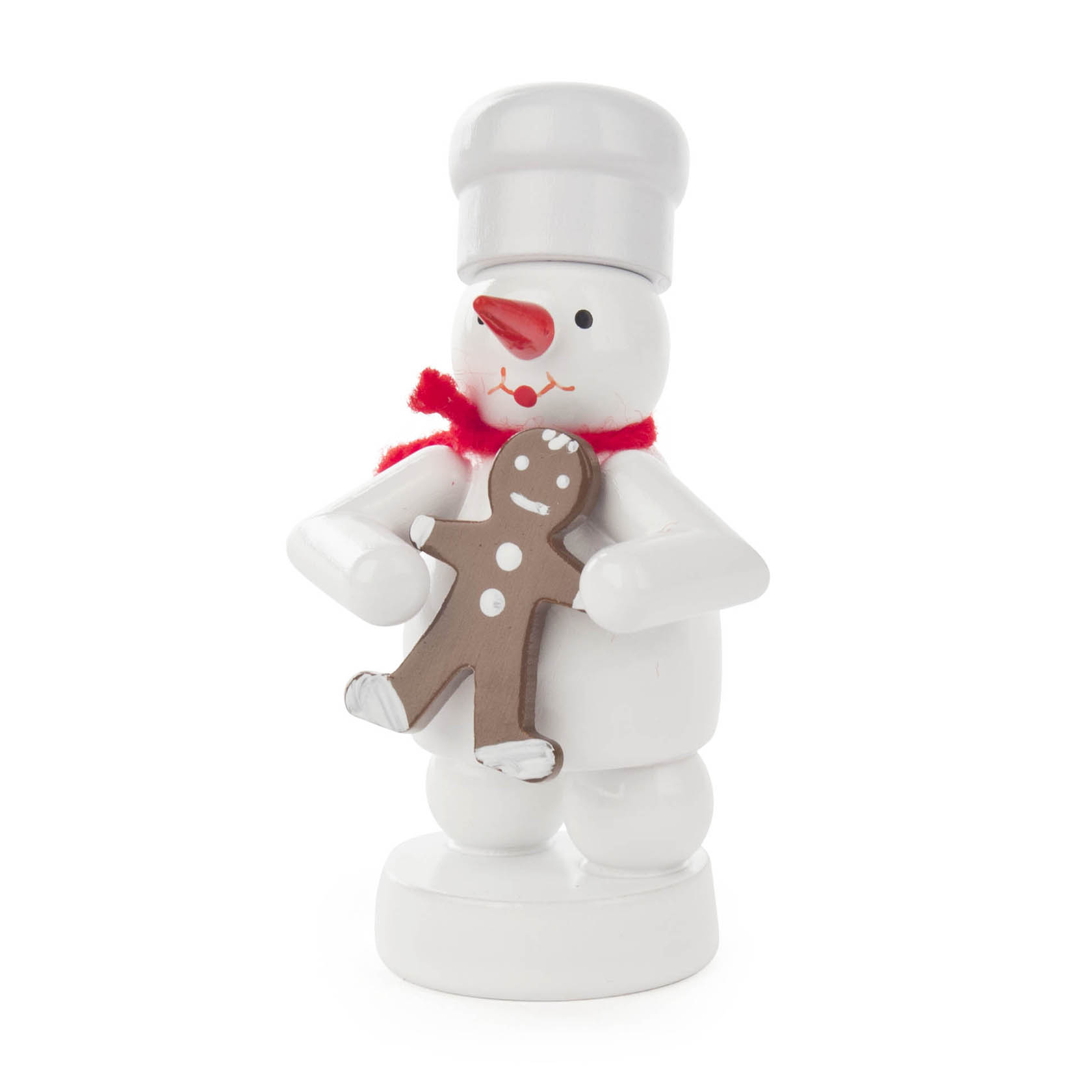 A snowman figurine dressed as a baker, wearing a chef's hat and red scarf, holding a gingerbread man with a smile. im Dregeno Online Shop günstig kaufen
